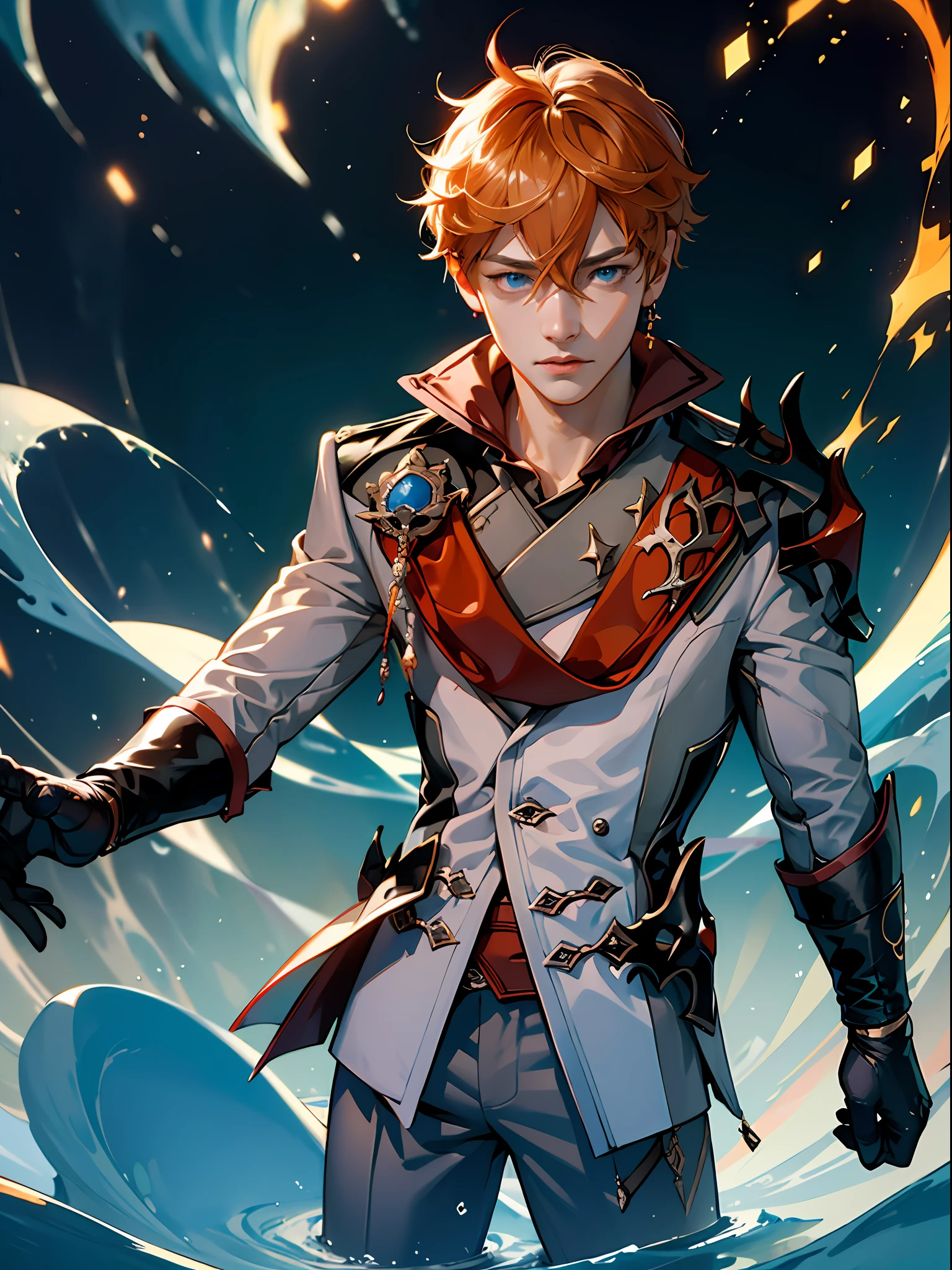 Masterpiece, best quality, tartaglia (genshin impact), gloves, mask, male focus, 1boy, blue eyes, black gloves, solo, orange hair, bangs, water, jacket, hair between the eyes, jewelry, scarf,