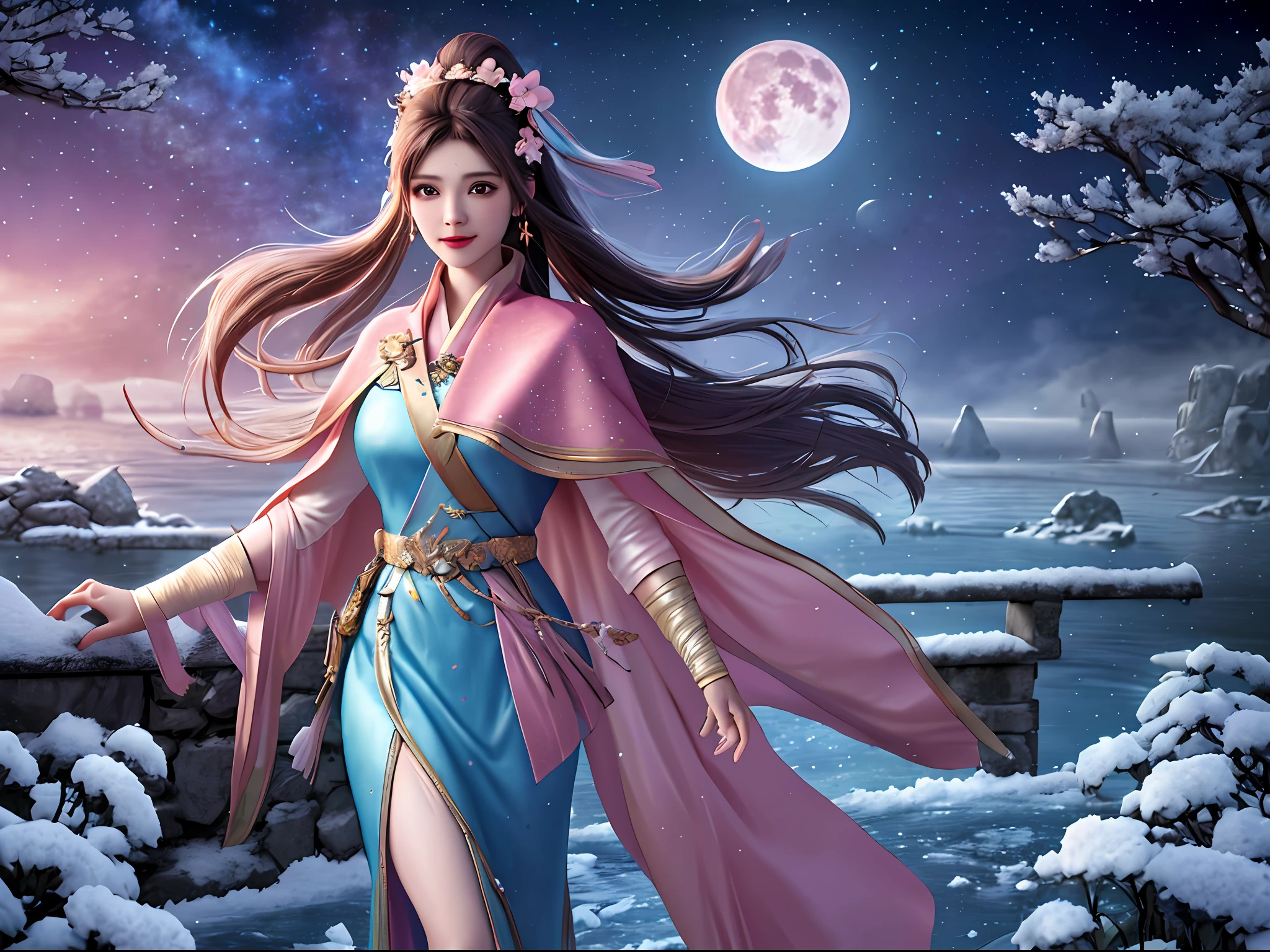 realistic, masterpiece, best quality, high quality, extremely detailed CG Unity 8k wallpaper, bokeh, depth of field, HDR, flood, chromatic aberration , realistic, very detailed, popular on art stations, popular in CG society, complex, high detail, 1girl, milf, denim shot, foot out of frame, dress, cape, ponytail, long hair, medium breasts, hair accessories, hair flowers, light smile, look away, , (((ruins)), dramatic, art by midway, fog, fantasy, mythology, pink leaves, snow, ice, night sky, full moon, starry sky, blossom, landscape, water,