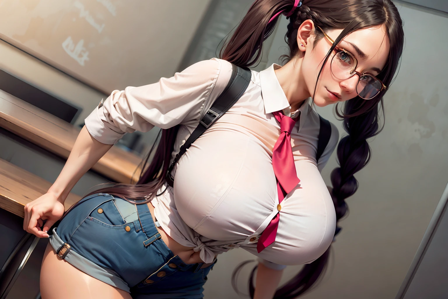 A woman, european, long hair,pigtails, glasses, (huge boobs)+++, (very tight)++ (buttoned-up shirt)++, neck tie, button gap, tight hotpants, highheels, 8k, detailed