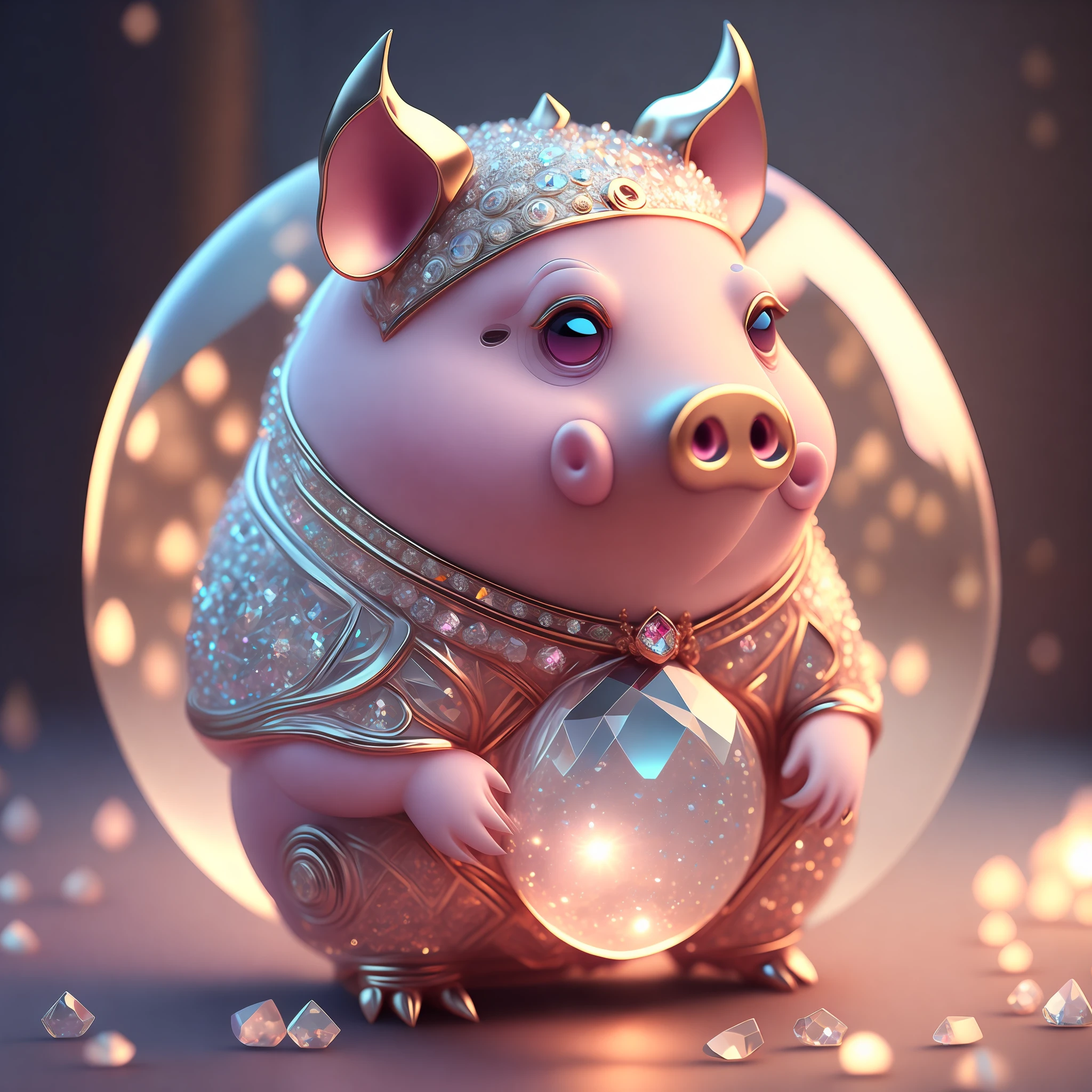 A cute little fat pig made of crystal ball, big eyes, big nose, lots of diamonds underneath, highly detailed complex concept art trend with low poly eyes artstation 8k, octane rendering, fine, wallpaper, fine details, masterpiece, best quality, official art,