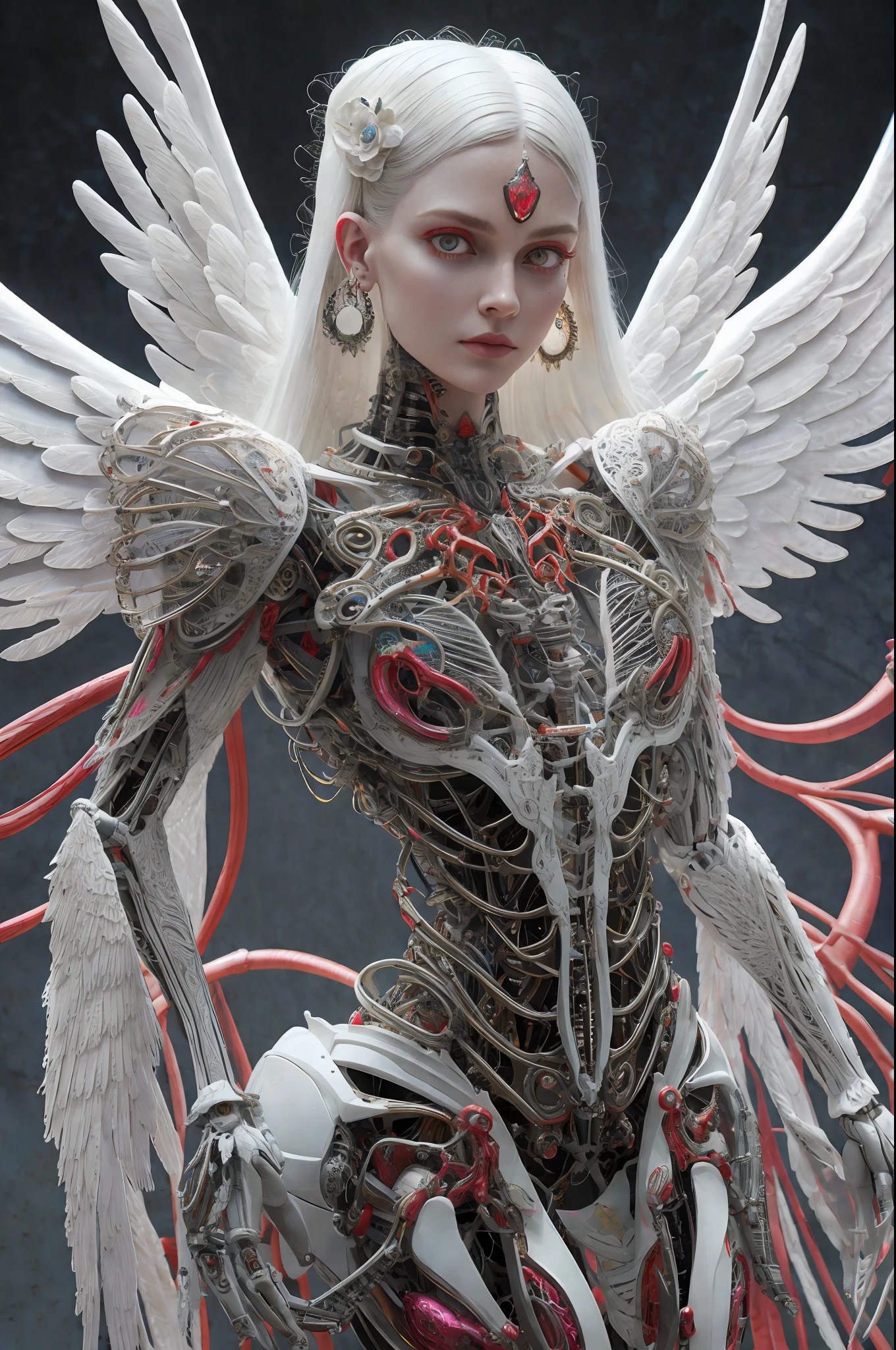 Intricate 3d rendering ultra-detailed beautiful angel of death, biomechanical robot, simulated 150mm lens, beautiful natural soft edge light, neon veins, roots, delicate leaf lace, colorful details, Boris Bidjan Saberi costume, pearl earrings, piercings, art nouveau fashion embroidery, intricate details, mesh lines, Mandelbrot fractals, facial muscles, cables, microchips, villains, surreal, ultra-detailed, octane, volumetric lighting, 8k and post-production, red The white has a little bit of black, Metal Skeleton Details, Half-Human, Iridescent, Glenn Brown Style, Futuristic Room, Power of God, High Angle Shot, Complex Body Poses