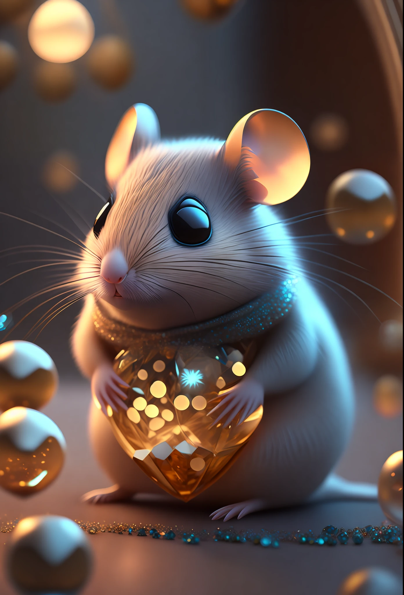 A cute little mouse, chubby body, made of crystal balls, with a lot of onyx underneath, highly detailed complex concept art trend with low poly eyes artstation 8k, octane rendering, fine, wallpaper, fine details, masterpiece, best quality, official art,