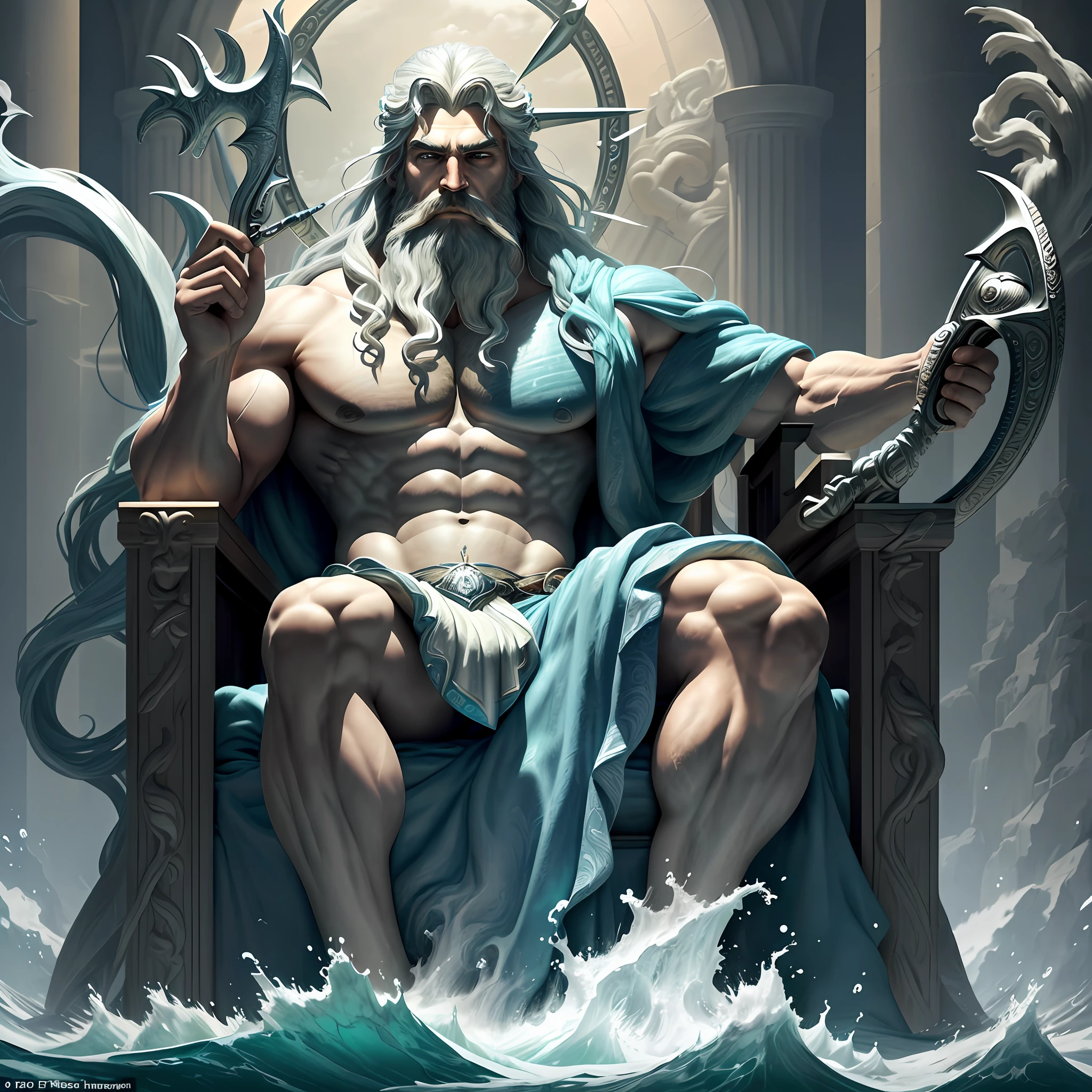 An awe-inspiring depiction of Poseidon, the god of the sea, seated upon his magnificent throne. He holds his iconic trident with a tight grip, while his long beard and hair flow in the breeze. The scene is evocative, grand, and powerful - fit for a god.