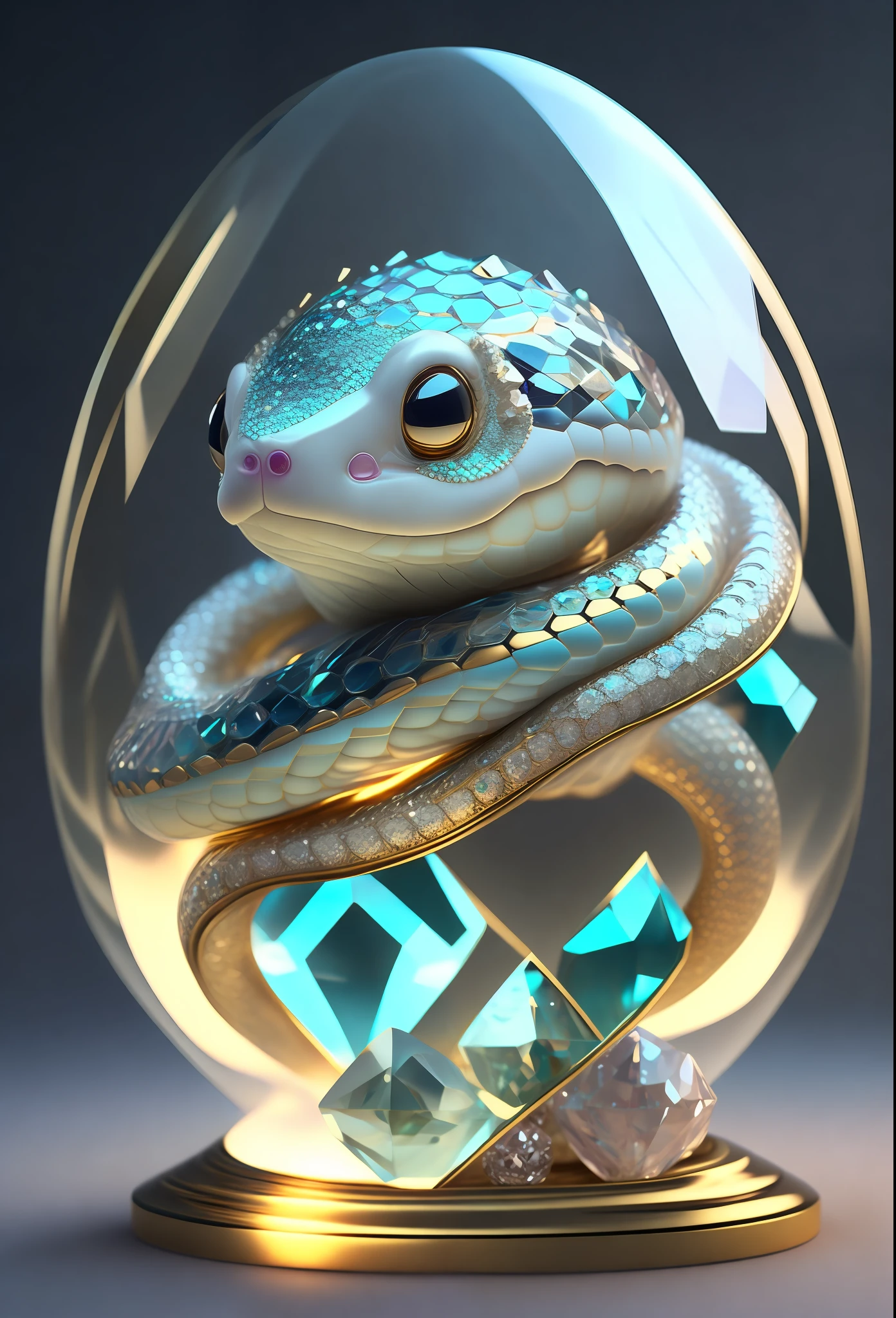 A cute little fat snake, made of a crystal ball, sitting in a crystal ball, sticking out his tongue, there are a lot of diamonds underneath, the skin is diamond texture, highly detailed complex concept art trend with low polygon eyes artstation 8k, octane rendering, fine, wallpaper, fine details, masterpiece, best quality, official art,