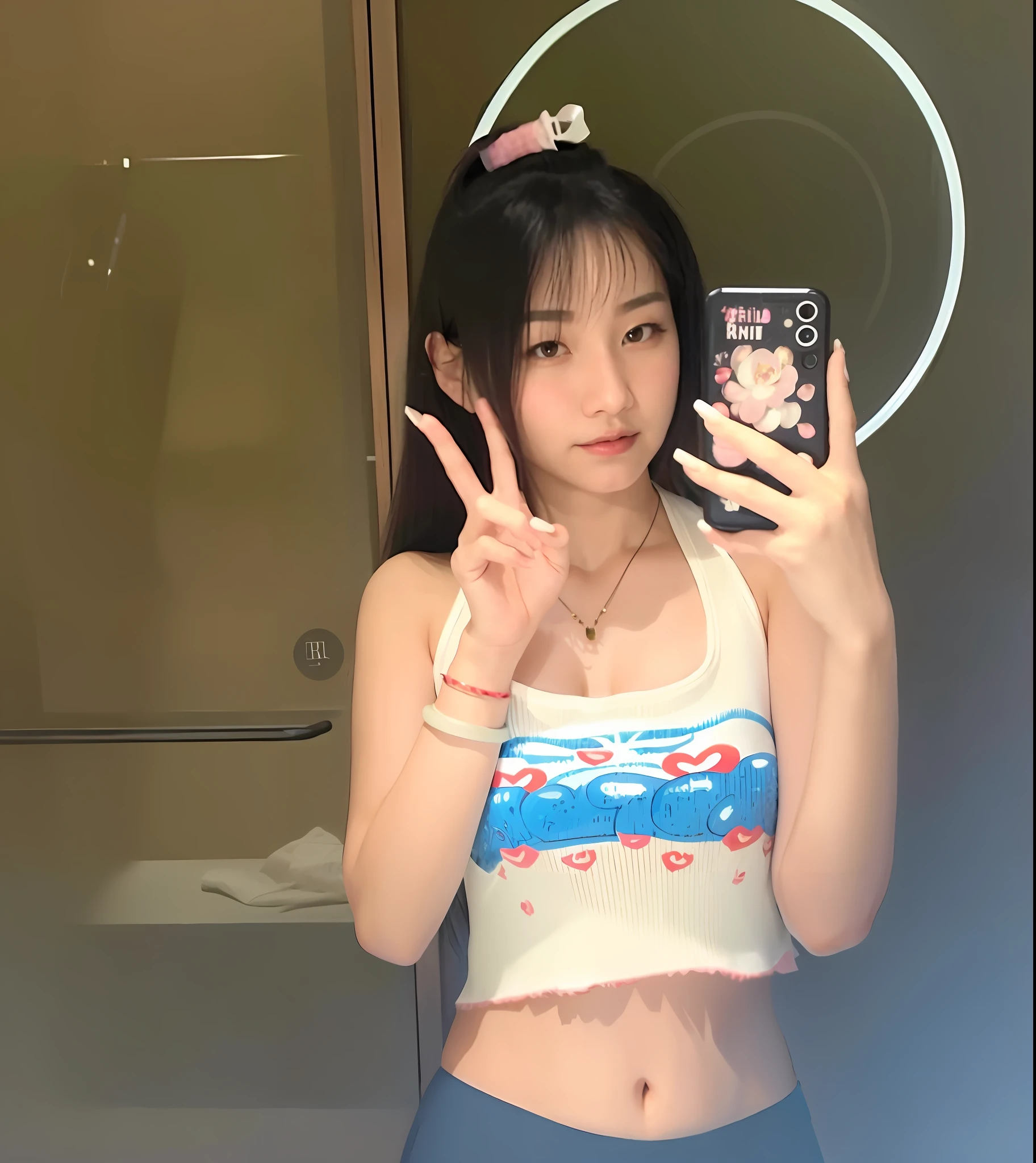 There is a woman taking a selfie in the mirror, photo slim girl, 2 2 years old, 18 years old, 2 4 years old female model, 2 3 years old, 21 years old, 19 years old girl, Ye Wenfei, Chen Xintong, young thin gravure idol, 2 8 years old, cute core, delicate face, big breasts, brown eyes, Hanfu, red lips, bare shoulders,