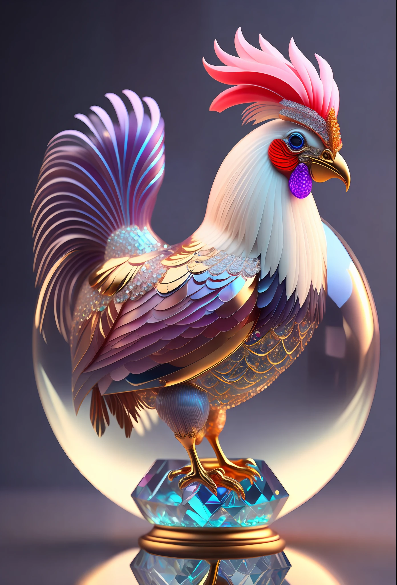 Masterpiece, a cute rooster, made of crystal, standing on one foot in a crystal ball, colorful feathers, crystal-textured feathers, lots of diamonds underneath, reflection, refraction, highly detailed complex conceptual art trend with low-poly eyes artstation 8k, octane rendering, fine, wallpaper, fine details, masterpiece, best quality, official art,