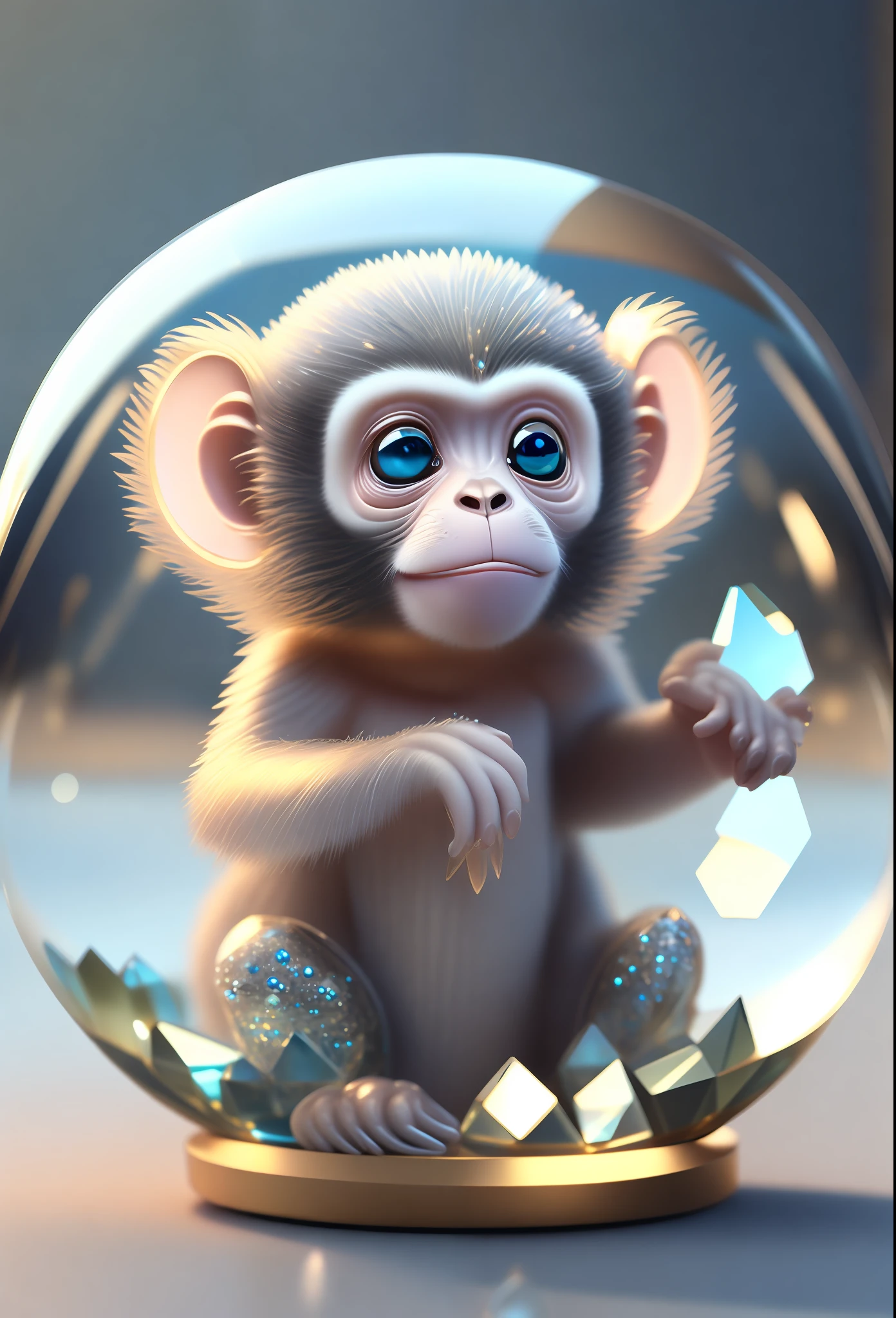 Masterpiece, a cute little monkey, made of crystal, sitting in a crystal ball, with a lot of diamonds underneath, reflection, refraction, highly detailed complex conceptual art trends with low-poly eyes artstation 8k, octane rendering, fine, wallpaper, fine details, masterpiece, best quality, official art,