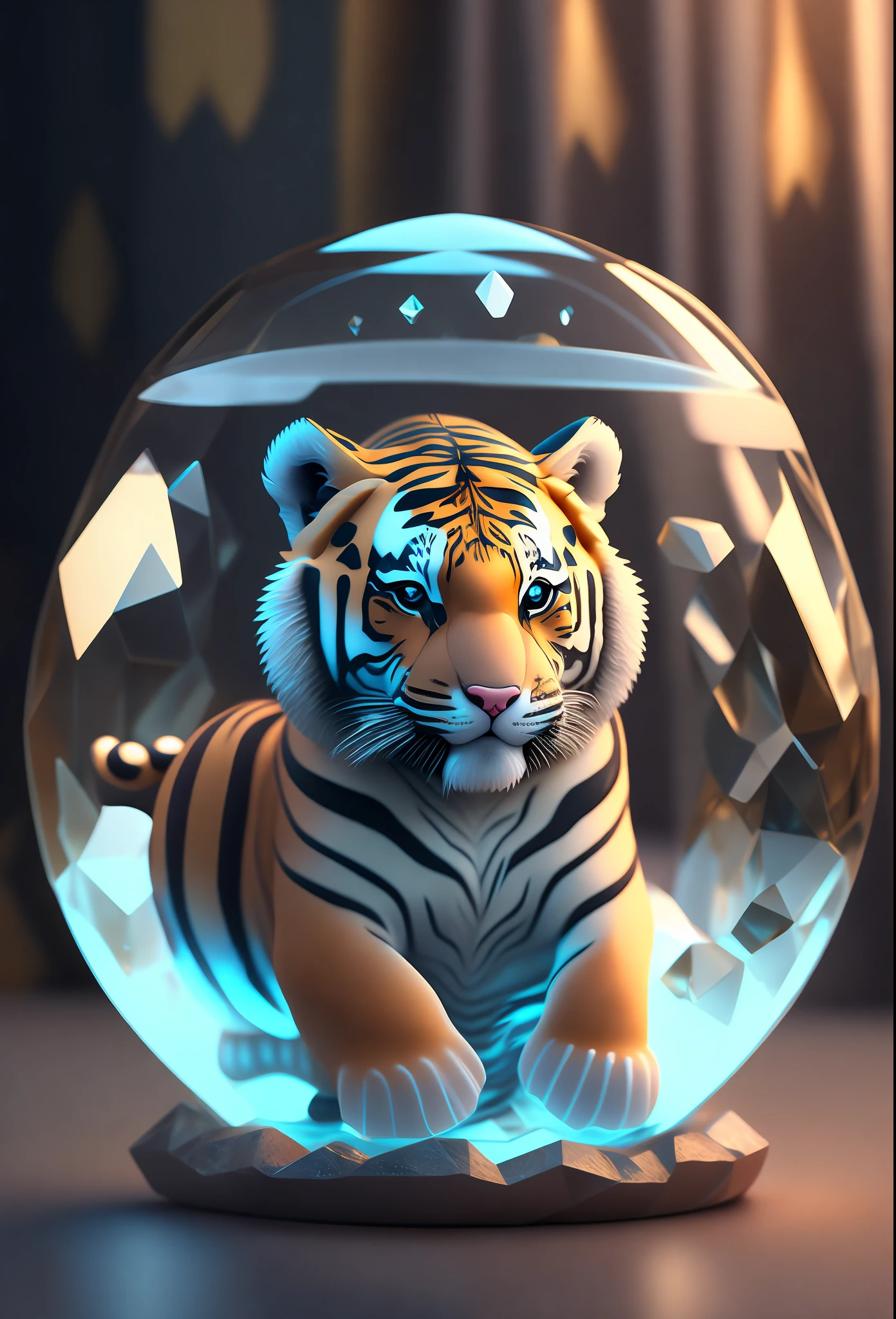 A cute little fat tiger, sitting in a crystal ball, tiger made of crystal, a lot of onyx underneath, crystal clear, reflective, refracting, highly detailed complex concept art trend with low poly eyes artstation 8k, octane rendering, fine, wallpaper, fine details, masterpiece, best quality, official art,