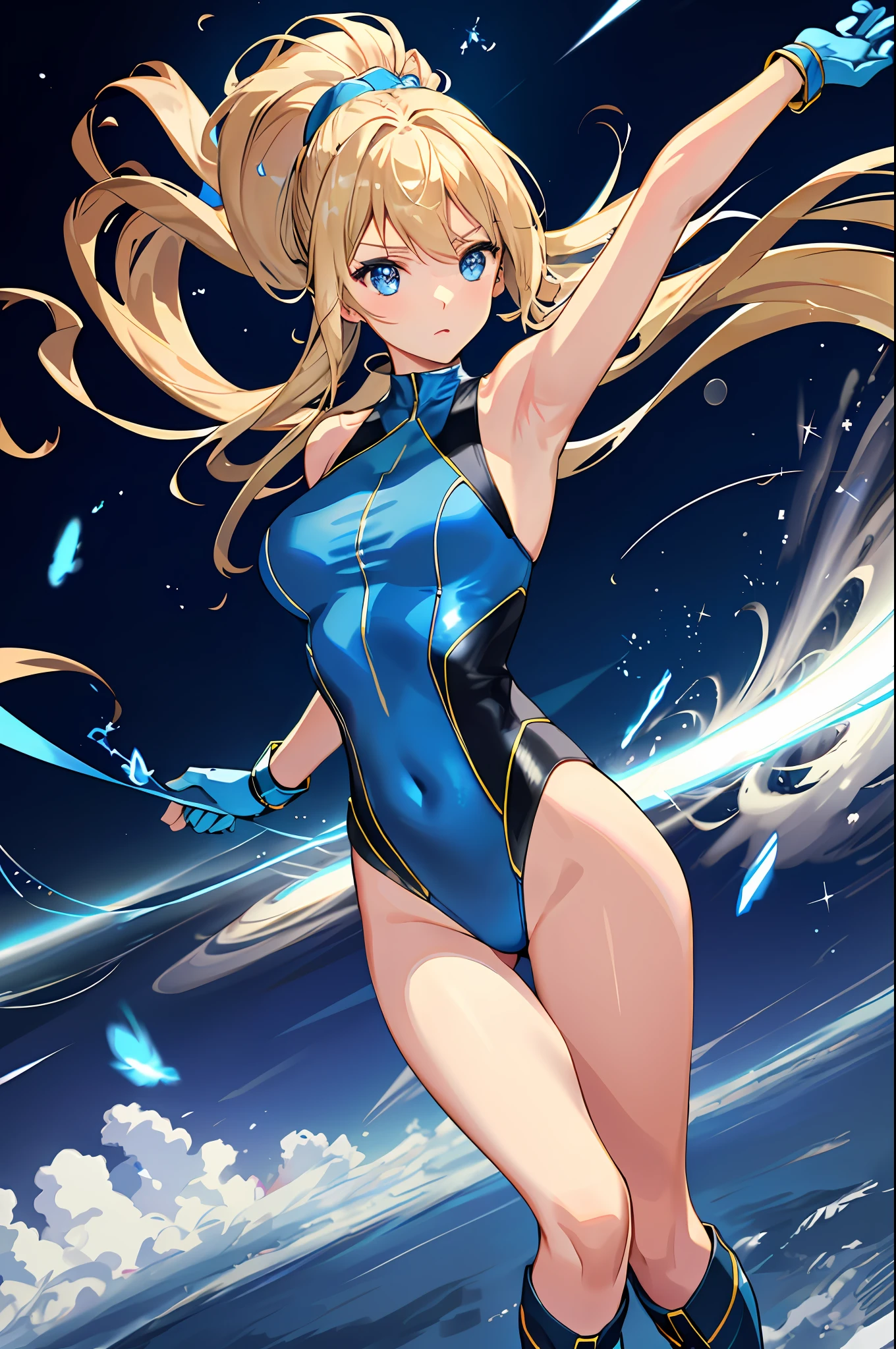 masterpiece, best quality, highres, 1girl, solo, superhero, leotard, bare legs, boots, matching boots, aura, blue aura, sleeveless, gloves, bracelets, matching gloves, looking at viewer, light particles, city backdrop, perfect hands, perfect eyes, powering up, perfect leotard, perfect legs, perfect arms, perfect fingers, blue and white leotard, blonde hair, blue eyes, medium breasts, long hair, spinning, tornado spin, whirlwind, wind particles, light swirls, tornado, hurricane spin, time travel, tornado winds,