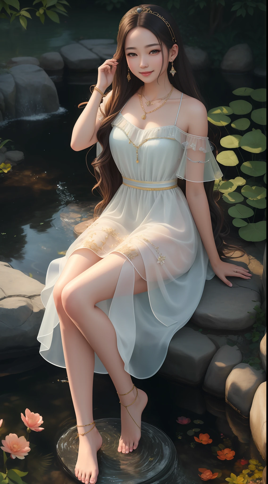 Best quality, masterpiece, high resolution, 1girl, transparent silk dress, beautiful face, hair accessories, sitting by the pond to wash your feet, one foot splashing, girl naughty smile, hair accessories, necklaces, jewelry, long hair, earrings, rounded feet, perfect toes, Tyndall effect, realism, dark studio, edge lighting, two-tone lighting, (high detail skin: 1.2), soft light, high quality, volumetric lighting, high resolution, 8k, background bokeh