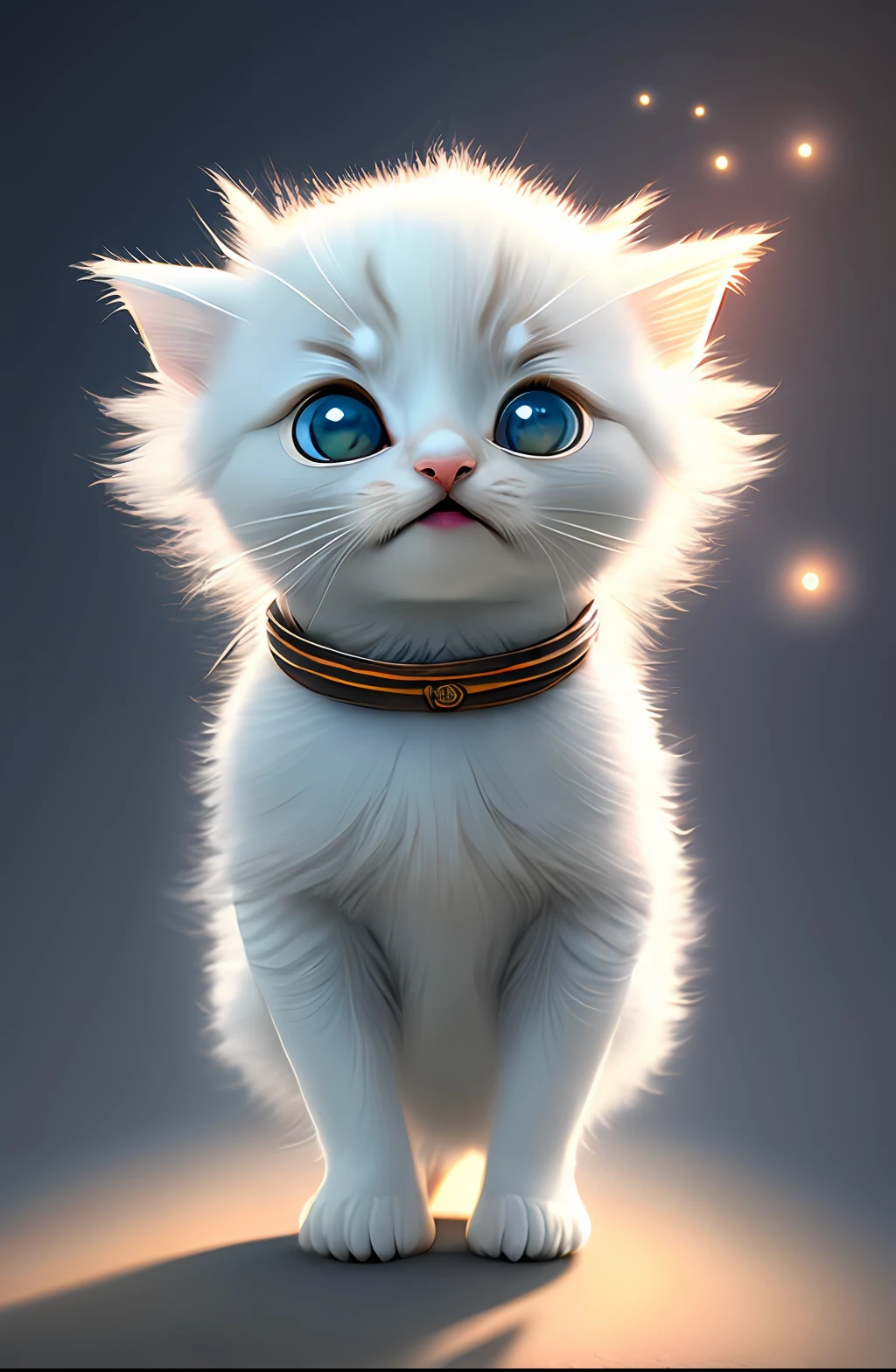 Pixar style, 3D, cute and cute white-haired kitten Superman, big eyes, laughter, excitement, floating in space, Jean-Baptiste Monge, anthropomorphic, dramatic lighting