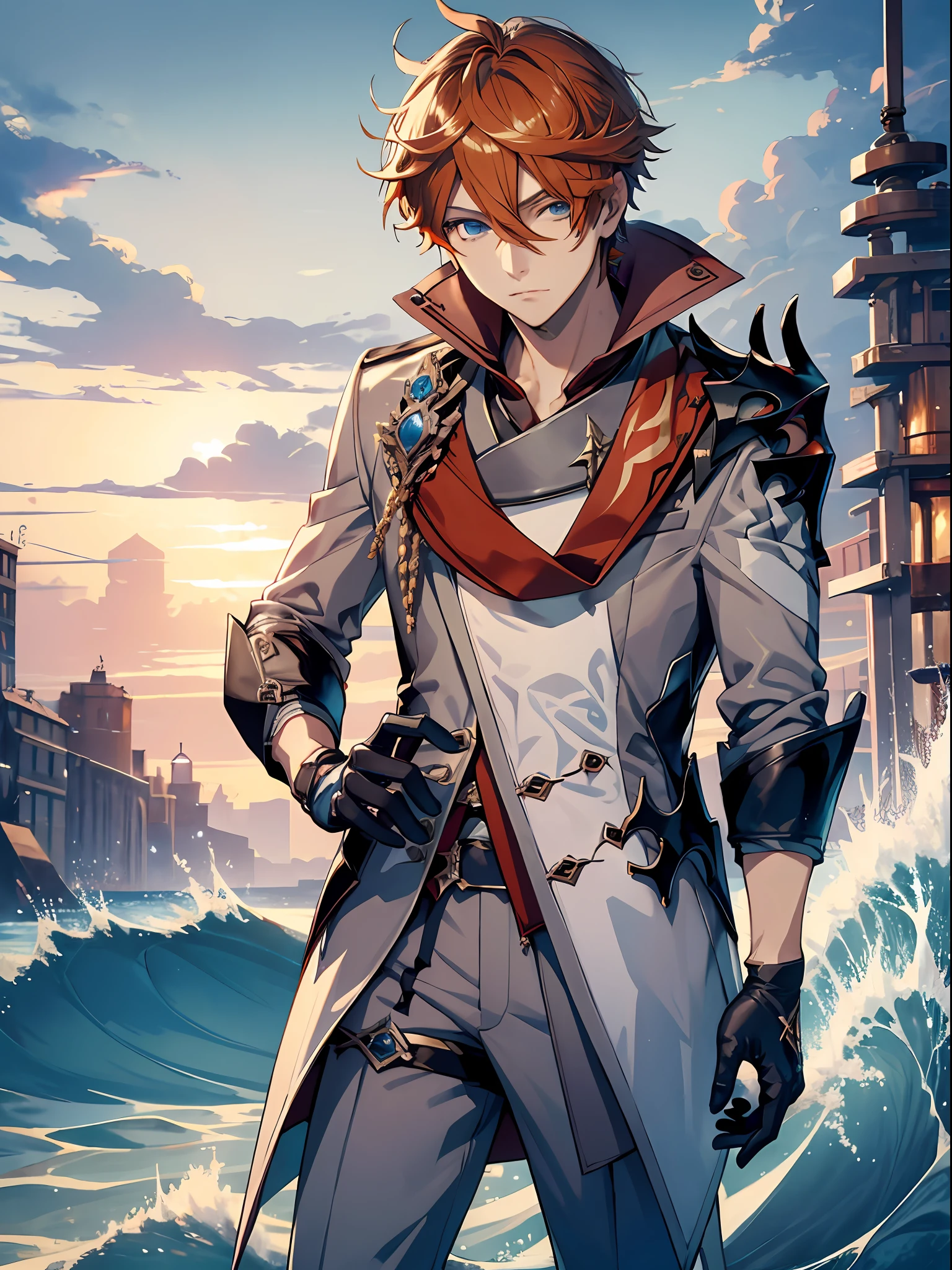 Masterpiece, best quality, tartaglia (genshin impact), gloves, mask, male focus, 1boy, blue eyes, black gloves, solo, orange hair, bangs, water, jacket, hair between the eyes, jewelry, scarf,