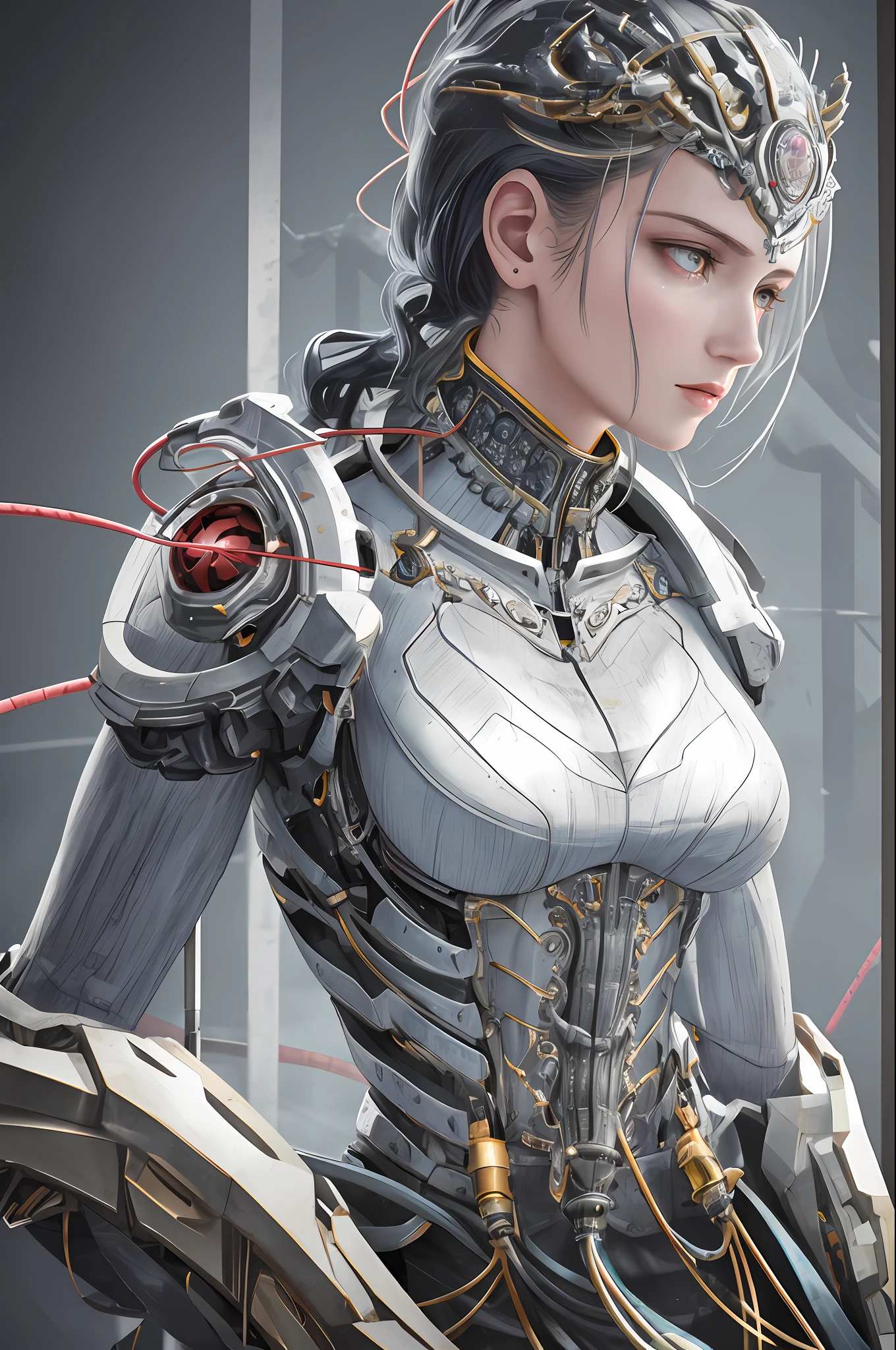 1mechanical girl,((ultra realistic details)), portrait, global illumination, shadows, octane render, 8k, ultra sharp,metal,intricate, ornaments detailed, cold colors, egypician detail, highly intricate details, realistic light, trending on cgsociety, glowing eyes, facing camera, neon details, machanical limbs,blood vessels connected to tubes,mechanical vertebra attaching to back,mechanical cervial attaching to neck,sitting,wires and cables connecting to head