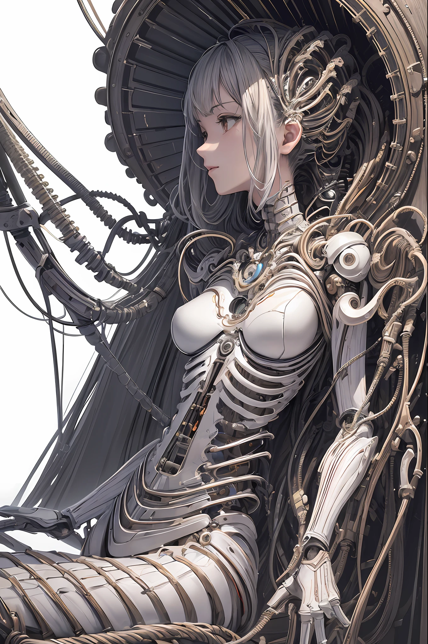 (((masterpiece))), (((best quality))), ((ultra-detailed)), (highly detailed CG illustration), ((an extremely delicate and beautiful)),(from side),cinematic light,((1mechanical girl)),solo,full body,(machine made joints:1.2),((machanical limbs)),(blood vessels connected to tubes),(mechanical vertebra attaching to back),((mechanical cervial attaching to neck)),(sitting),expressionless,(wires and cables attaching to neck:1.2),(wires and cables on head:1.2)(character focus),science fiction,white background, extreme detailed,colorful,highest detailed