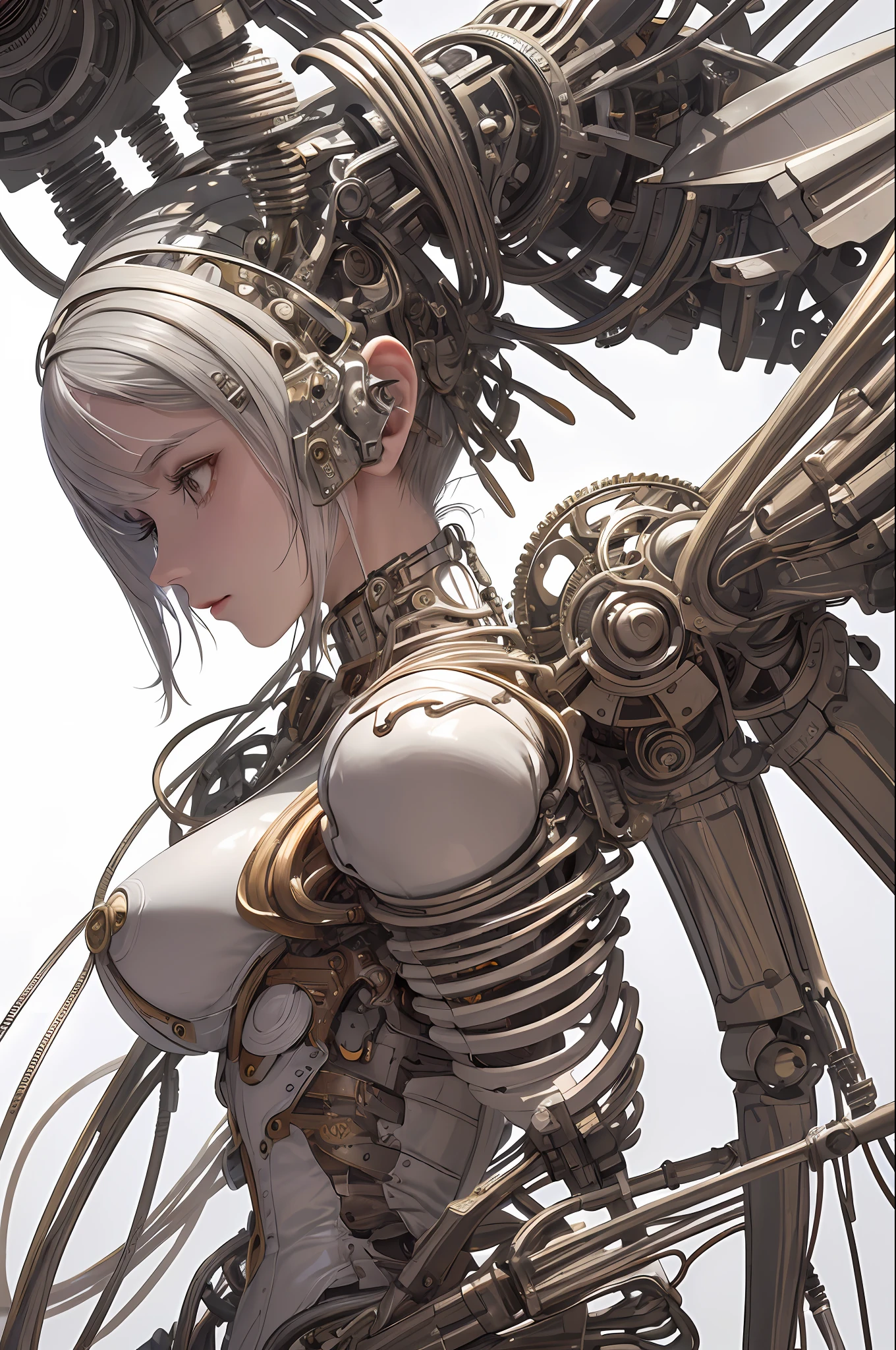 (((masterpiece))), (((best quality))), ((ultra-detailed)), (highly detailed CG illustration), ((an extremely delicate and beautiful)),(from side),cinematic light,((1mechanical girl)),solo,full body,(machine made joints:1.2),((machanical limbs)),(blood vessels connected to tubes),(mechanical vertebra attaching to back),((mechanical cervial attaching to neck)),(sitting),expressionless,(wires and cables attaching to neck:1.2),(wires and cables on head:1.2)(character focus),science fiction,white background, extreme detailed,colorful,highest detailed