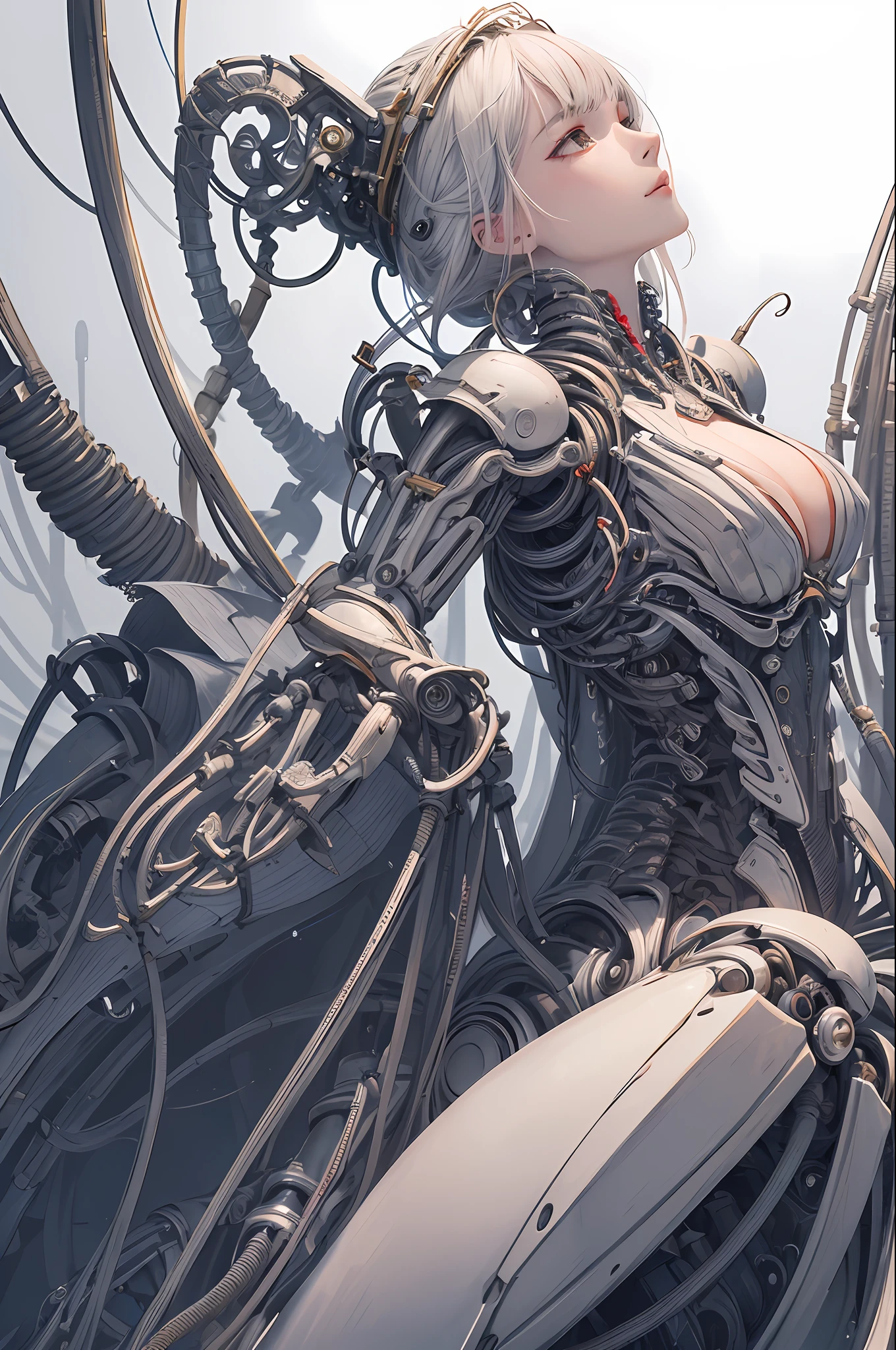(((masterpiece))), (((best quality))), ((ultra-detailed)), (highly detailed CG illustration), ((an extremely delicate and beautiful)),(from side),cinematic light,((1mechanical girl)),solo,full body,(machine made joints:1.2),((machanical limbs)),(blood vessels connected to tubes),(mechanical vertebra attaching to back),((mechanical cervial attaching to neck)),(sitting),expressionless,(wires and cables attaching to neck:1.2),(wires and cables on head:1.2)(character focus),science fiction,white background, extreme detailed,colorful,highest detailed
