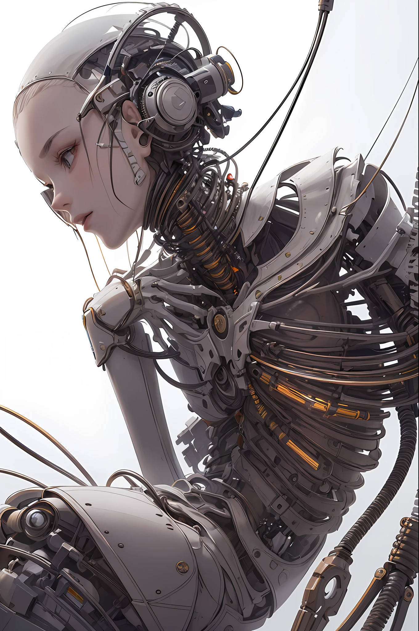 (((masterpiece))), (((best quality))), ((ultra-detailed)), (highly detailed CG illustration), ((an extremely delicate and beautiful)),(from side),cinematic light,((1mechanical girl)),solo,full body,(machine made joints:1.2),((machanical limbs)),(blood vessels connected to tubes),(mechanical vertebra attaching to back),((mechanical cervial attaching to neck)),(sitting),expressionless,(wires and cables attaching to neck:1.2),(wires and cables on head:1.2)(character focus),science fiction,white background, extreme detailed,colorful,highest detailed