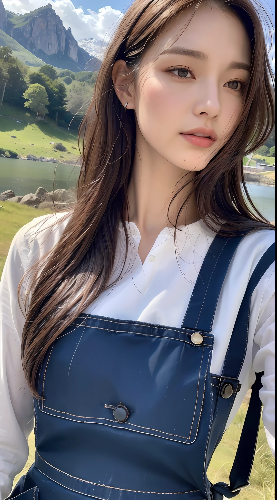 (Best quality, High resolution, Masterpiece :1.3), A tall and pretty woman with slim figure, Slender abs, (Dark brown hair styled in loose waves), Wearing pinafore, Outdoor, Lake and mountains in distant background, Details exquisitely rendered in the face and skin texture, Detailed eyes, Double eyelid