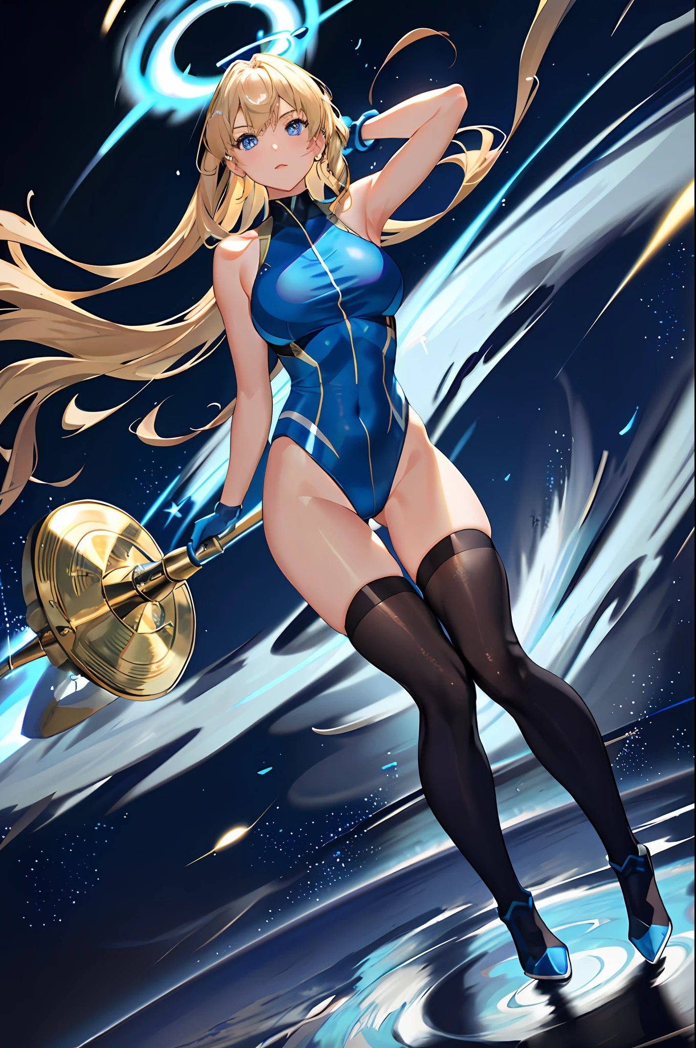 masterpiece, best quality, highres, 1girl, solo, superhero, leotard, bare legs, boots, matching boots, aura, blue aura, sleeveless, gloves, bracelets, matching gloves, looking at viewer, light particles, city backdrop, perfect hands, perfect eyes, powering up, perfect leotard, perfect legs, perfect arms, perfect fingers, blue and white leotard, blonde hair, blue eyes, medium breasts, long hair, spinning, tornado spin, whirlwind, wind particles, light swirls, tornado, hurricane spin, time travel, tornado winds, cyclone spin,