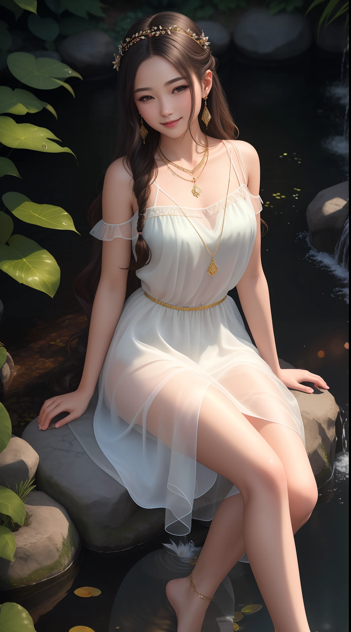 Best quality, masterpiece, high resolution, 1girl, transparent silk dress, beautiful face, hair accessories, sitting by the pond to wash your feet, one foot splashing, girl naughty smile, hair accessories, necklaces, jewelry, long hair, earrings, rounded feet, perfect toes, Tyndall effect, realism, dark studio, edge lighting, two-tone lighting, (high detail skin: 1.2), soft light, high quality, volumetric lighting, high resolution, 8k, background bokeh