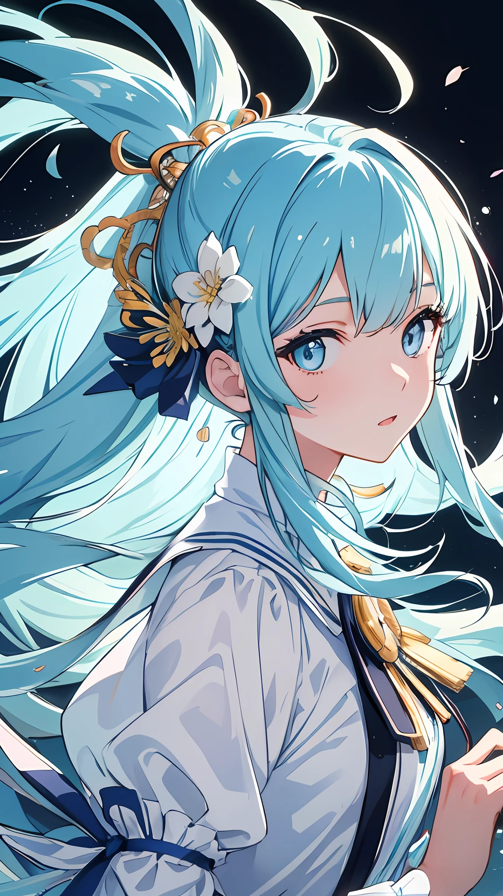 (masterpiece), (best quality), (ultra detailed),(disheveled hair),(illustration), (1girl), (Fashionable clothing), standing, Fashion model, looking at viewer, (interview), (simple background),beautiful detailed eyes, delicate beautiful face, Floating,(high saturation),(colorful splashes),colorful bubble,(shining), focus on face, ponytail, kamisato ayaka, light blue hair, bangs, hair ring, floating flowers, floating hairs, (shining), best lighting, best shadow,
