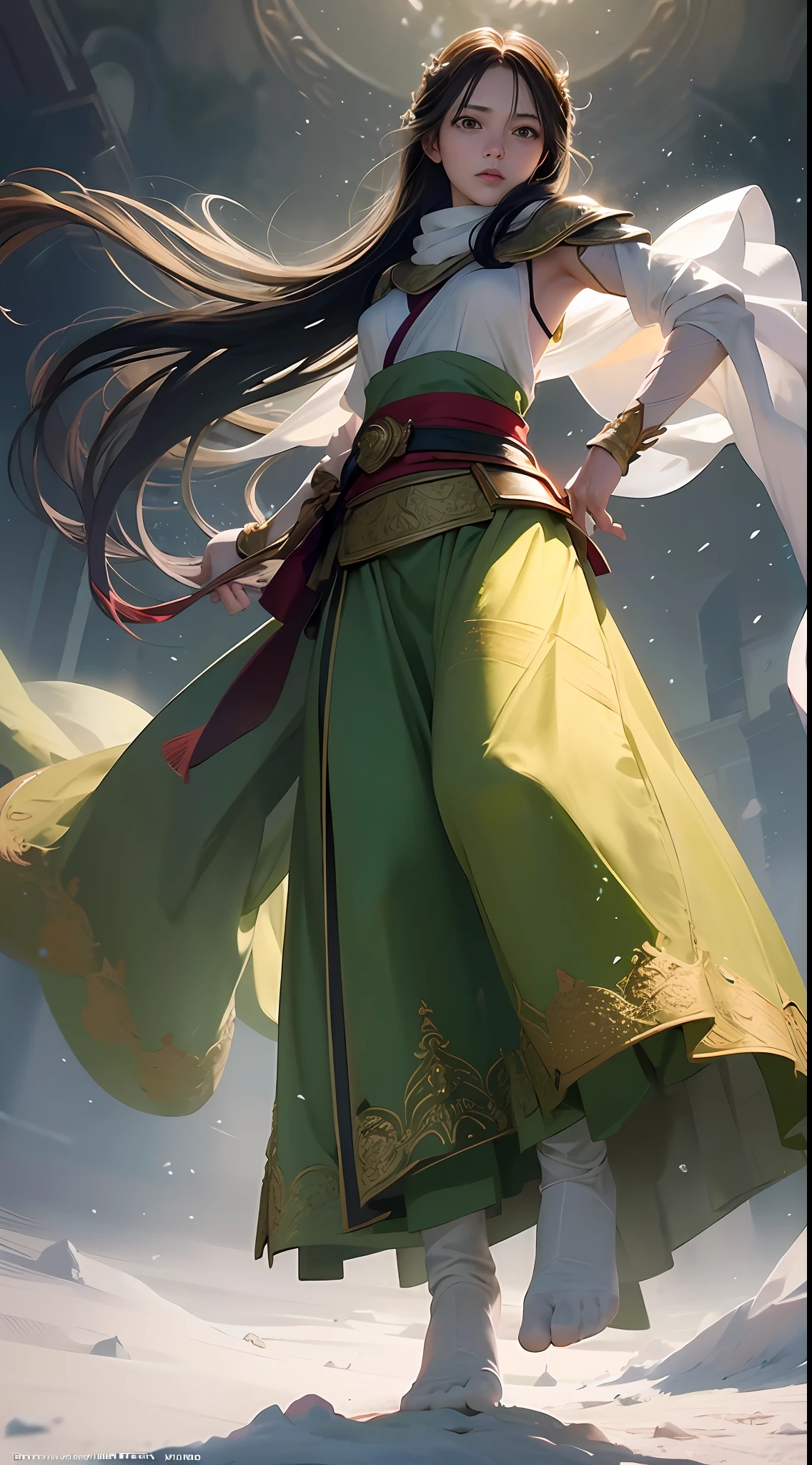 Masterpiece, best quality, realistic, 1 girl, shawl long hair, jump, leap, dance, green gold white clothes, long skirt, long scarf, flowing, light armor, snow white skin, bare shoulders, full body, (from below:1.5), martial arts, dynamics, flame, particles
