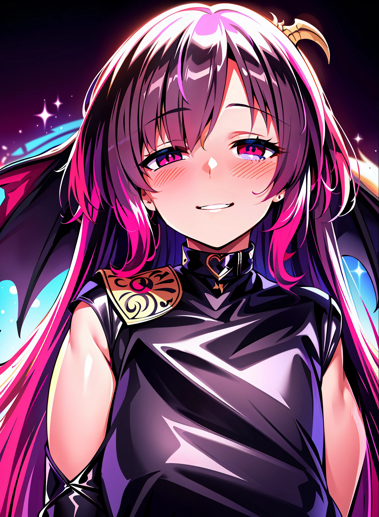 anime girl with  dragon wings and a tail, highlights in hair, multicolored hair, highlights, (masterpiece, best quality, extremely detailed CG, beautiful detailed eyes, ultra-detailed, intricate details:1.2), 8k wallpaper, elaborate features, (1girl, solo:1.4), (multicolored hair:1.2),(black hair:1.2), long hair, streaked hair, looking at viewer, demon horns, earring,  choker, upper body, floating hair, open jacket, night, full moon,outdoors, heterochromia, dragon wings, dragon tail, dragon, different colored eyes, streaked hair, multicolored eyes, demon horns pointing back, white hair