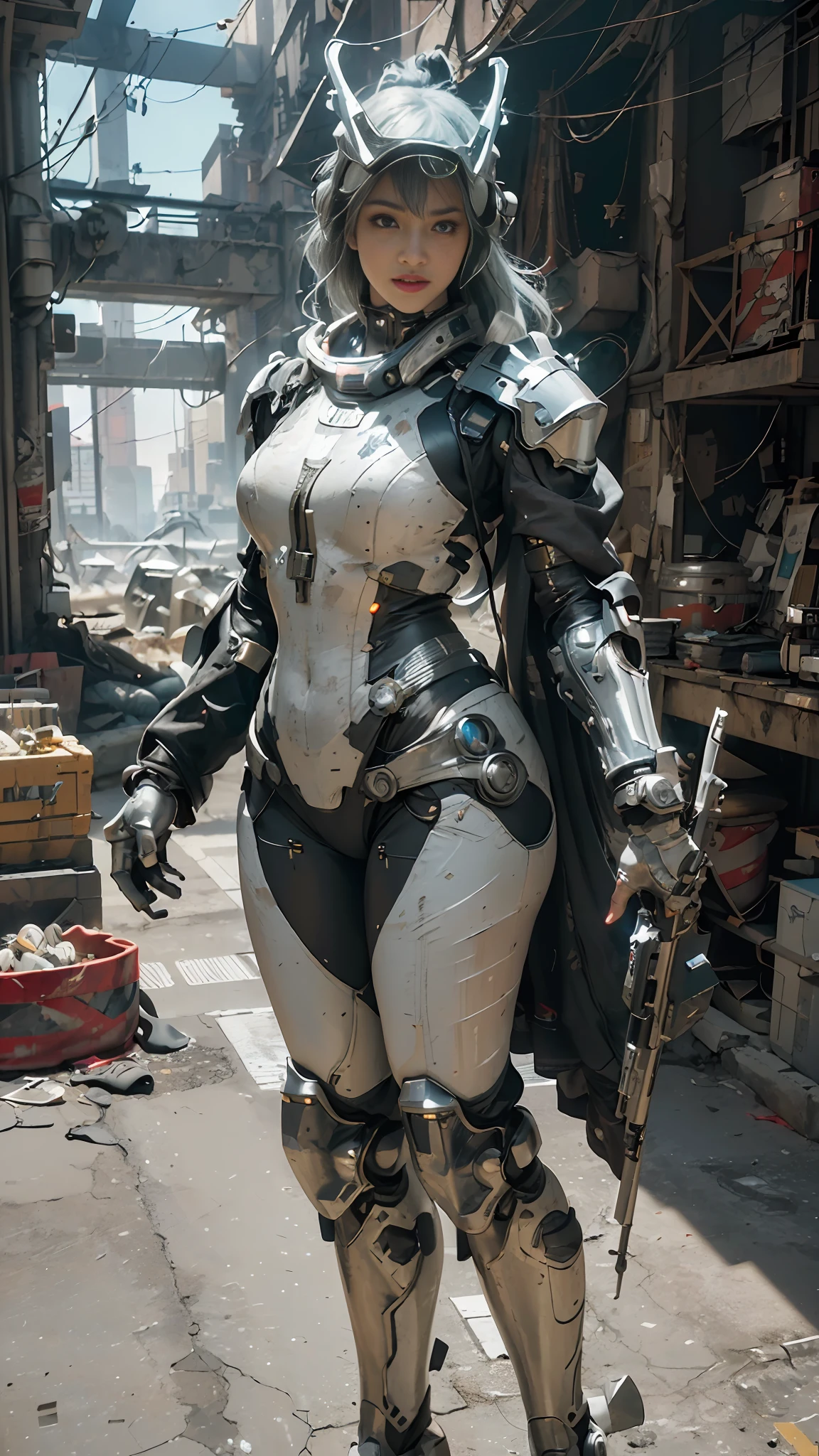 ((best quality)), ((masterpiece)), ((realistic)), (detailed), (photorealistic:1.5), a futuristic girl, (thick body), (white bodysuit), lights on armor, cybernetic headwear, looking at viewer, dynamic pose, post apocalyptic, destroyed city background, buildings on fire, science fiction, hdr, ray tracing, nvidia rtx, super-resolution, unreal 5, subsurface scattering, pbr texturing, post-processing, anisotropic filtering, depth of field, maximum clarity and sharpness, rule of thirds, 8k raw, (luminescent particles:1.4), (extremely detailed cg, unity 8k wallpaper, 3d, cinematic lighting, lens flare), reflections, sharp focus, cyberpunk art, cyberpunk architecture,