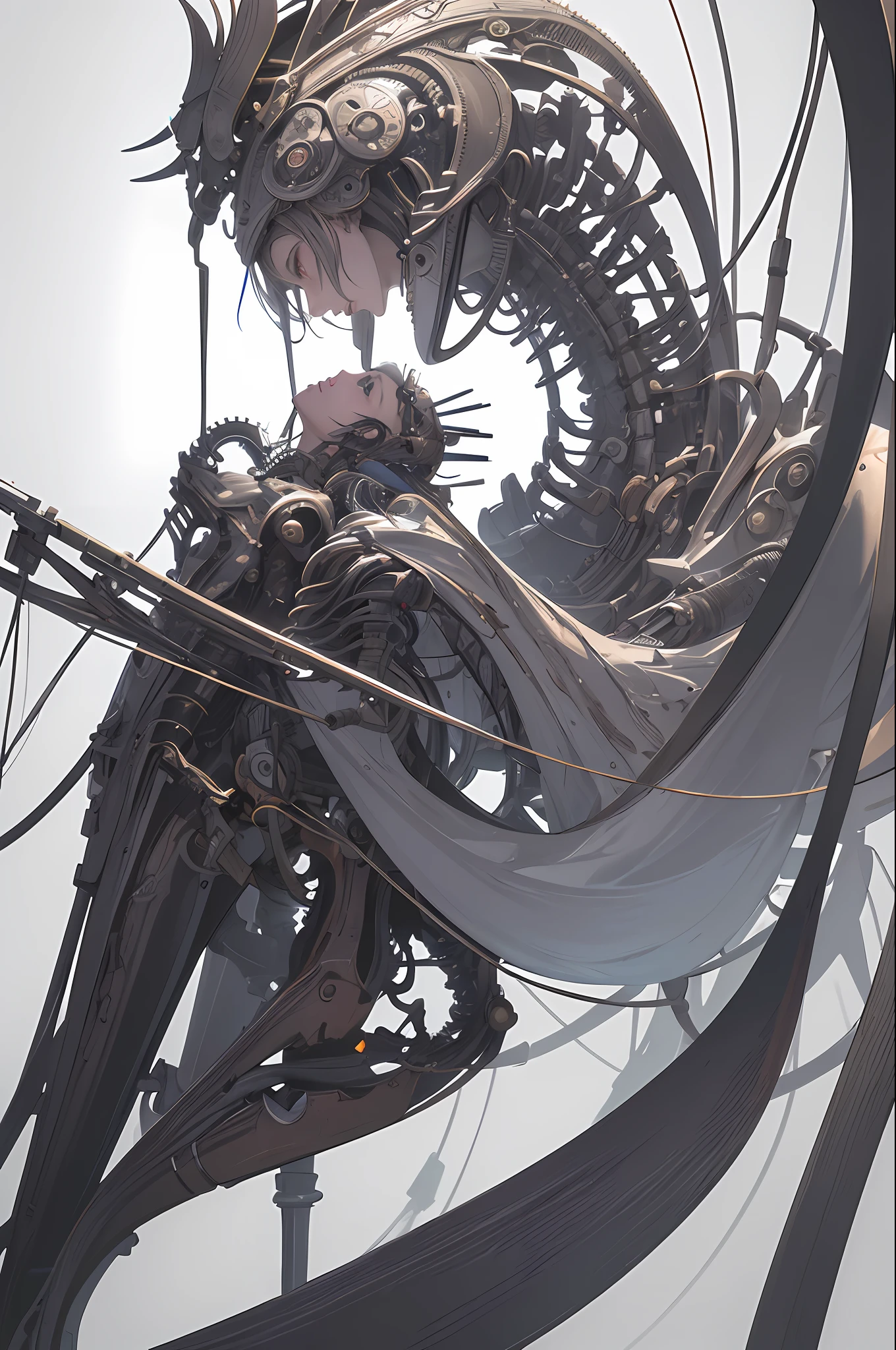 (((masterpiece))), (((best quality))), ((ultra-detailed)), (highly detailed CG illustration), ((an extremely delicate and beautiful)),(from side),cinematic light,((1mechanical girl)),solo,full body,(machine made joints:1.2),((machanical limbs)),(blood vessels connected to tubes),(mechanical vertebra attaching to back),((mechanical cervial attaching to neck)),(sitting),expressionless,(wires and cables attaching to neck:1.2),(wires and cables on head:1.2)(character focus),science fiction,white background, extreme detailed,colorful,highest detailed