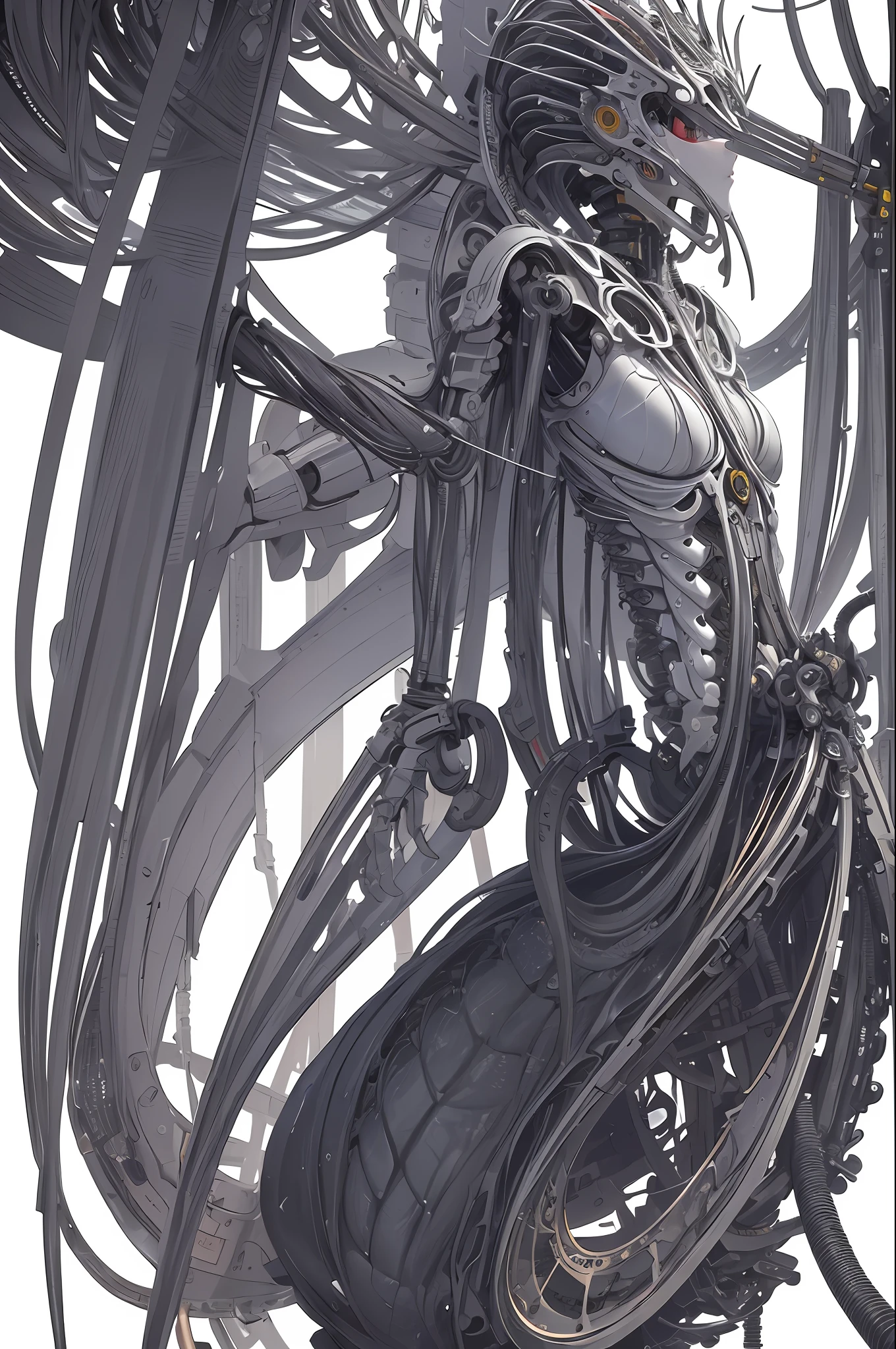 (((masterpiece))), (((best quality))), ((ultra-detailed)), (highly detailed CG illustration), ((an extremely delicate and beautiful)),(from side),cinematic light,((1mechanical girl)),solo,full body,(machine made joints:1.2),((machanical limbs)),(blood vessels connected to tubes),(mechanical vertebra attaching to back),((mechanical cervial attaching to neck)),(sitting),expressionless,(wires and cables attaching to neck:1.2),(wires and cables on head:1.2)(character focus),science fiction,white background, extreme detailed,colorful,highest detailed