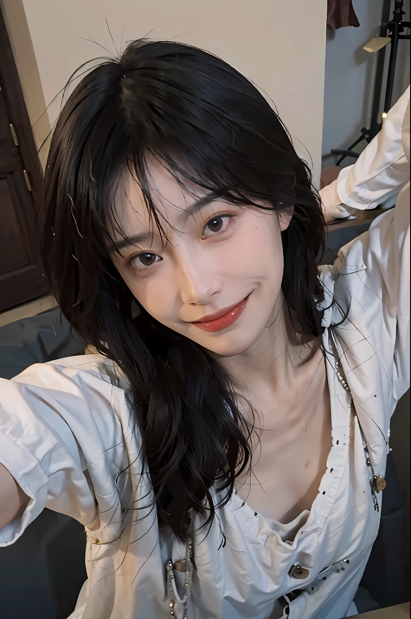 8K, Best Quality, Masterpiece, Ultra High Resolution, (Realism: 1.4), Original Photo, (True Skin Texture: 1.3), (Film Grain: 1.3), (Selfie Angle), 1 Girl, Beautiful Eyes and Face Details, Masterpiece, Best Quality, Close-up, Upper Body, Smile, Body Leaning Forward,