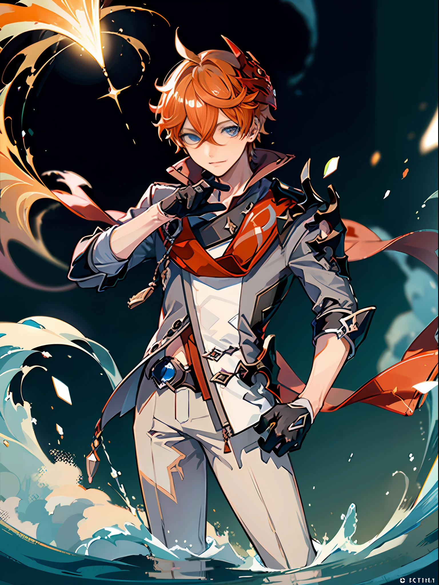Masterpiece, best quality, tartaglia (genshin impact), gloves, mask, male focus, 1boy, blue eyes, black gloves, solo, orange hair, bangs, water, jacket, hair between the eyes, jewelry, scarf,