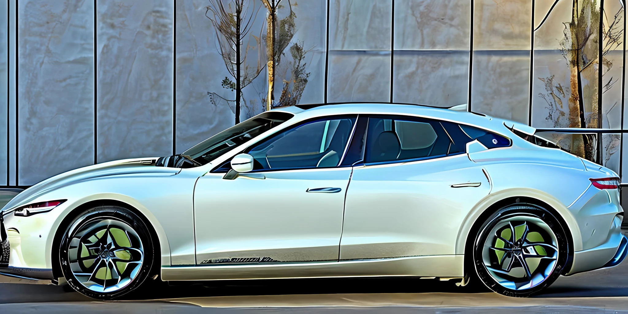 maserati, car, sports car (white green ) colored tires, front view, side view, driving, photo realistic, photos, contrast, soft lighting, high quality, reality, no one, Contourlight, --v 6