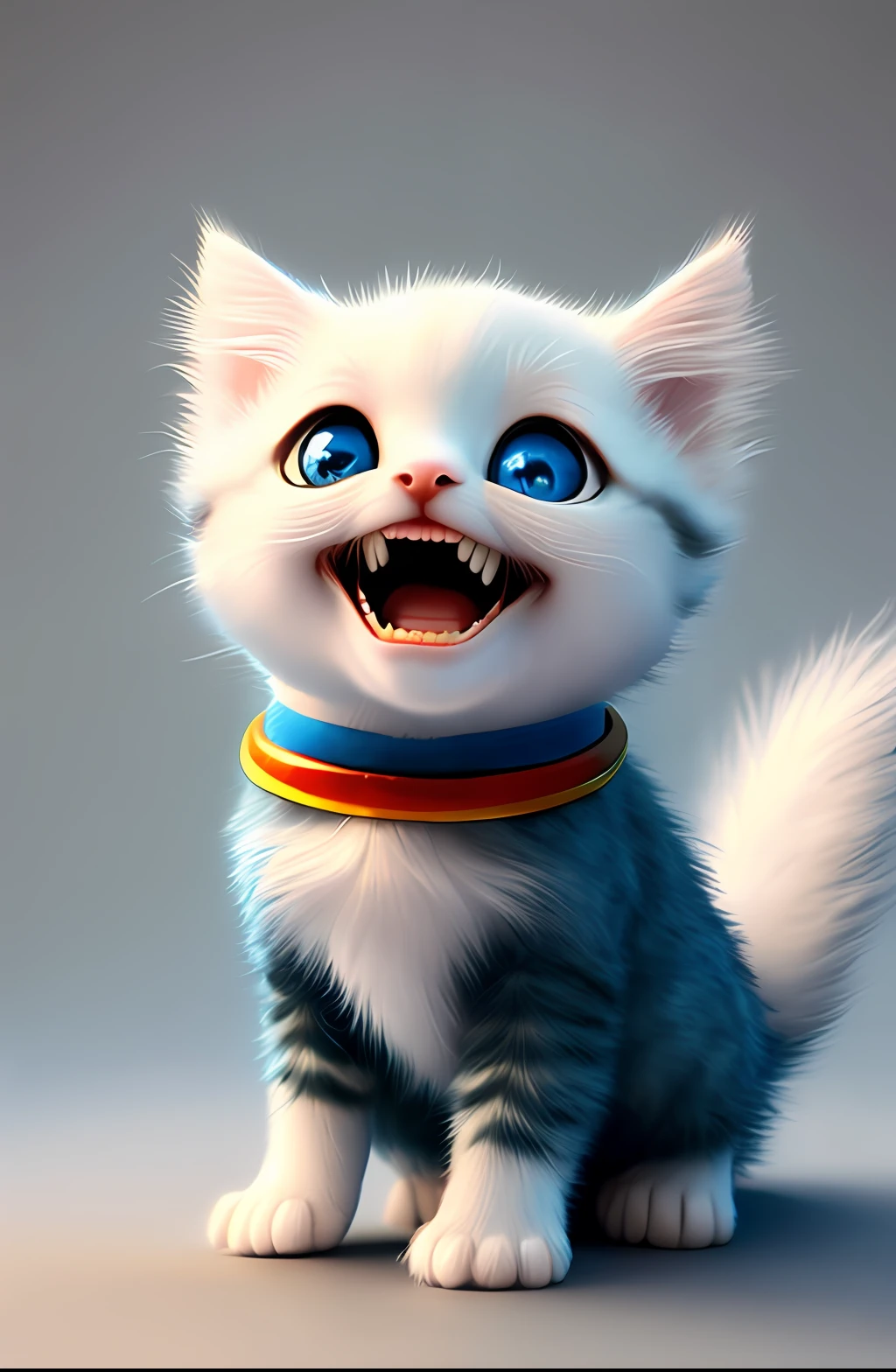 Pixar style, 3D, little cute and cute white-haired kitten Superman, big eyes, open mouth, laughter, excitement, floating in space, Jean-Baptiste Monge, anthropomorphic, dramatic lighting