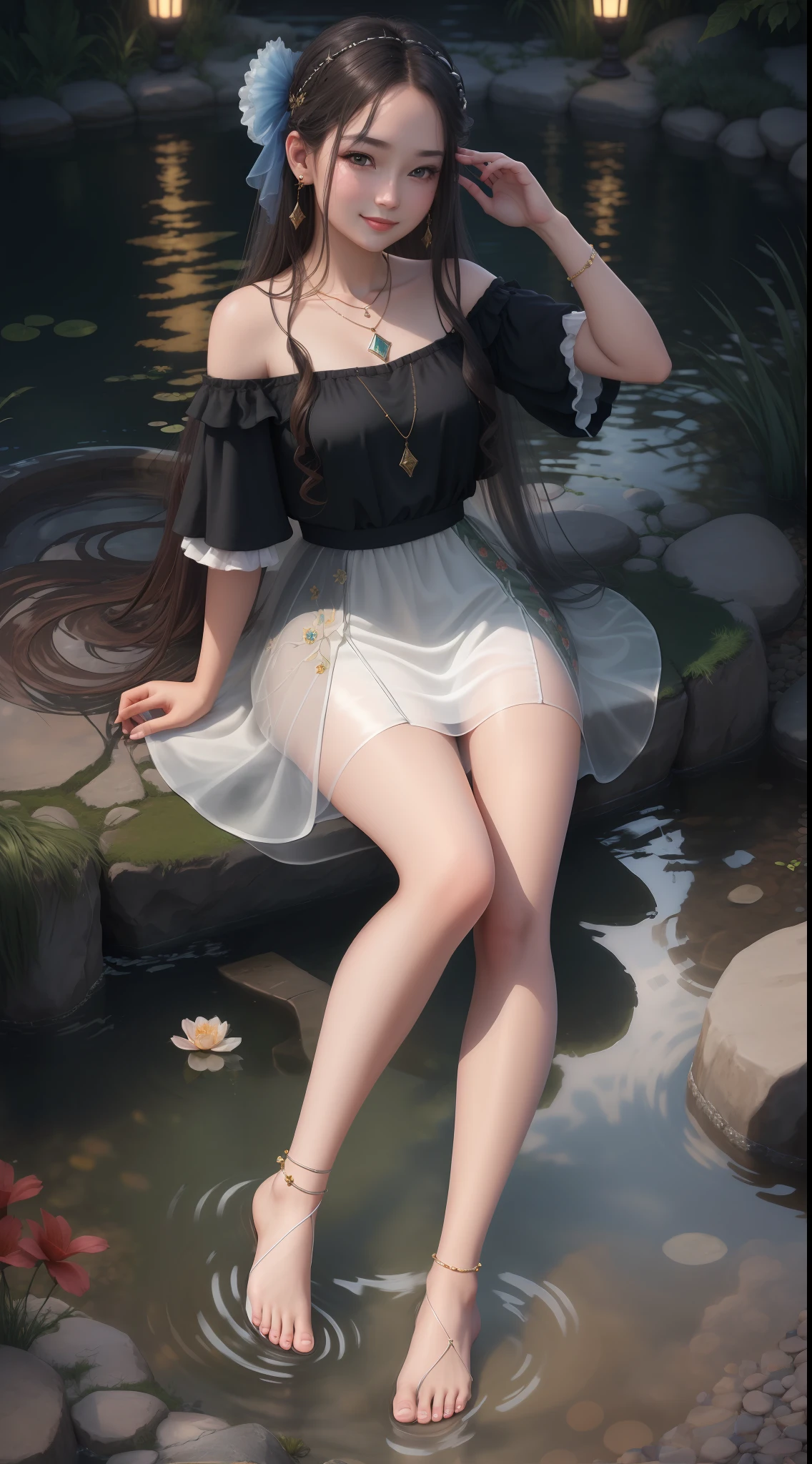Best quality, masterpiece, high resolution, 1girl, transparent silk dress, beautiful face, hair accessories, sitting by the pond to wash your feet, one foot splashing, girl naughty smile, hair accessories, necklaces, jewelry, long hair, earrings, rounded feet, perfect toes, Tyndall effect, realism, dark studio, edge lighting, two-tone lighting, (high detail skin: 1.2), soft light, high quality, volumetric lighting, high resolution, 8k, background bokeh