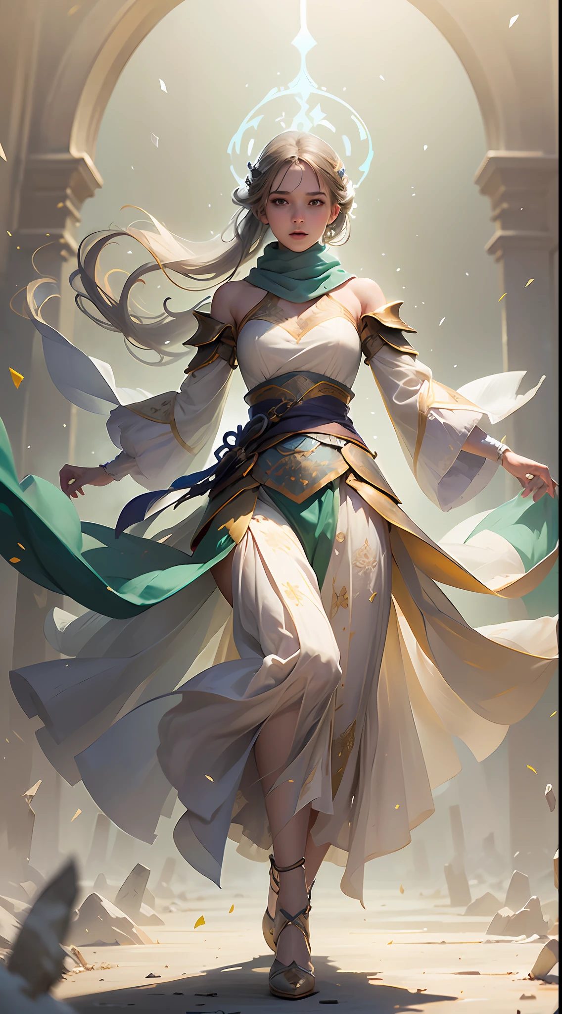 Masterpiece, best quality, realistic, (1 girl: 1.3), blue gold white clothes, shawl long hair, jump, leap, dance, green gold white clothes, long skirt, long scarf, flowing, light armor, snow white skin, bare shoulders, full body, (from below:1.5), martial arts, dynamics, flames, particles