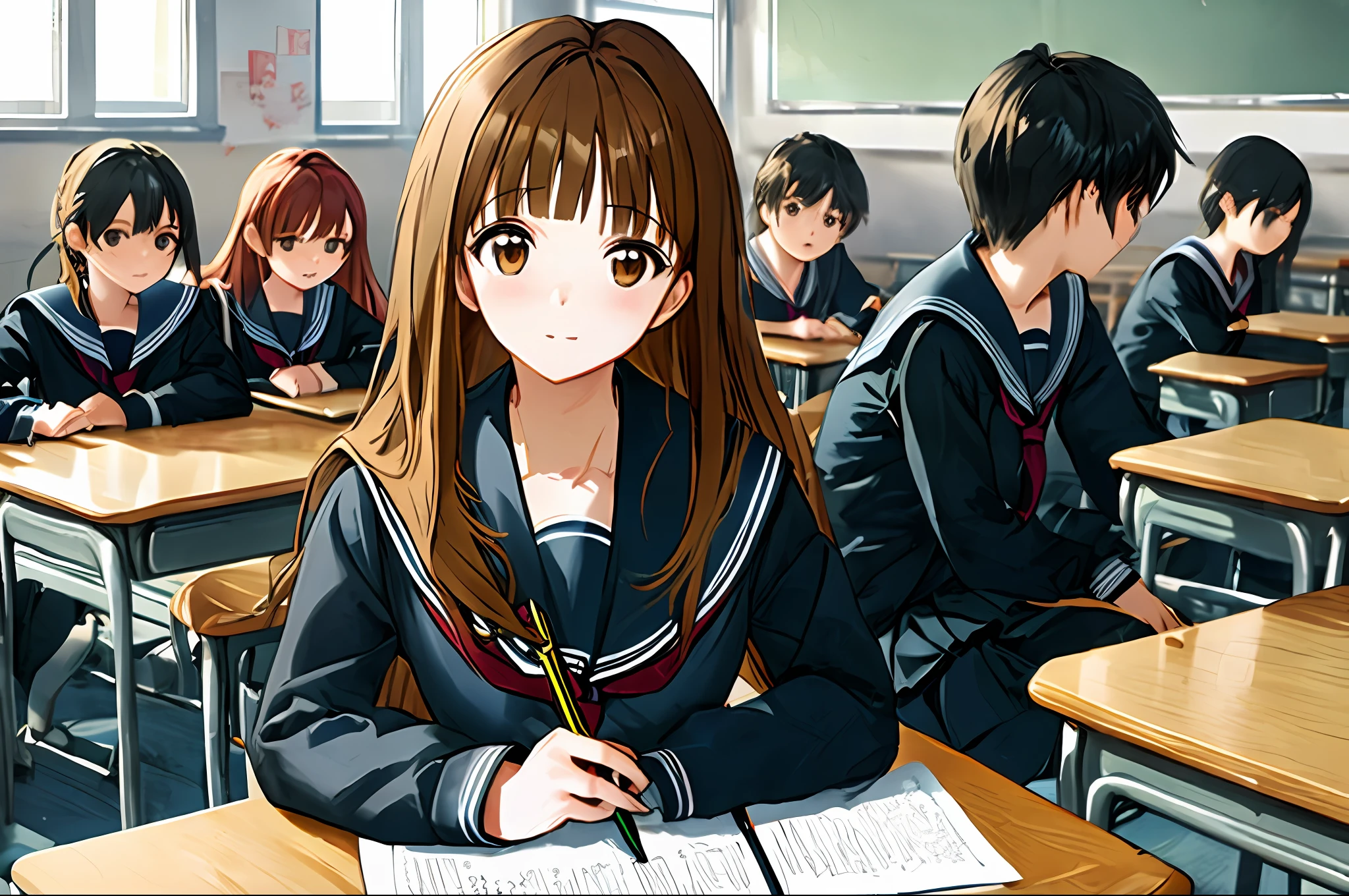 ((masterpiece, best quality)),best aesthetic,1girl, school uniform, desk, sitting, school desk, brown hair, classroom, long hair, indoors, chair, looking at viewer, :p, solo focus, brown eyes, skirt, long sleeves, pencil, 1 boy, pencil case, paper, black serafuku, multiple girls, pleated skirt, sailor collar, bangs, headrest, school bag, school chair