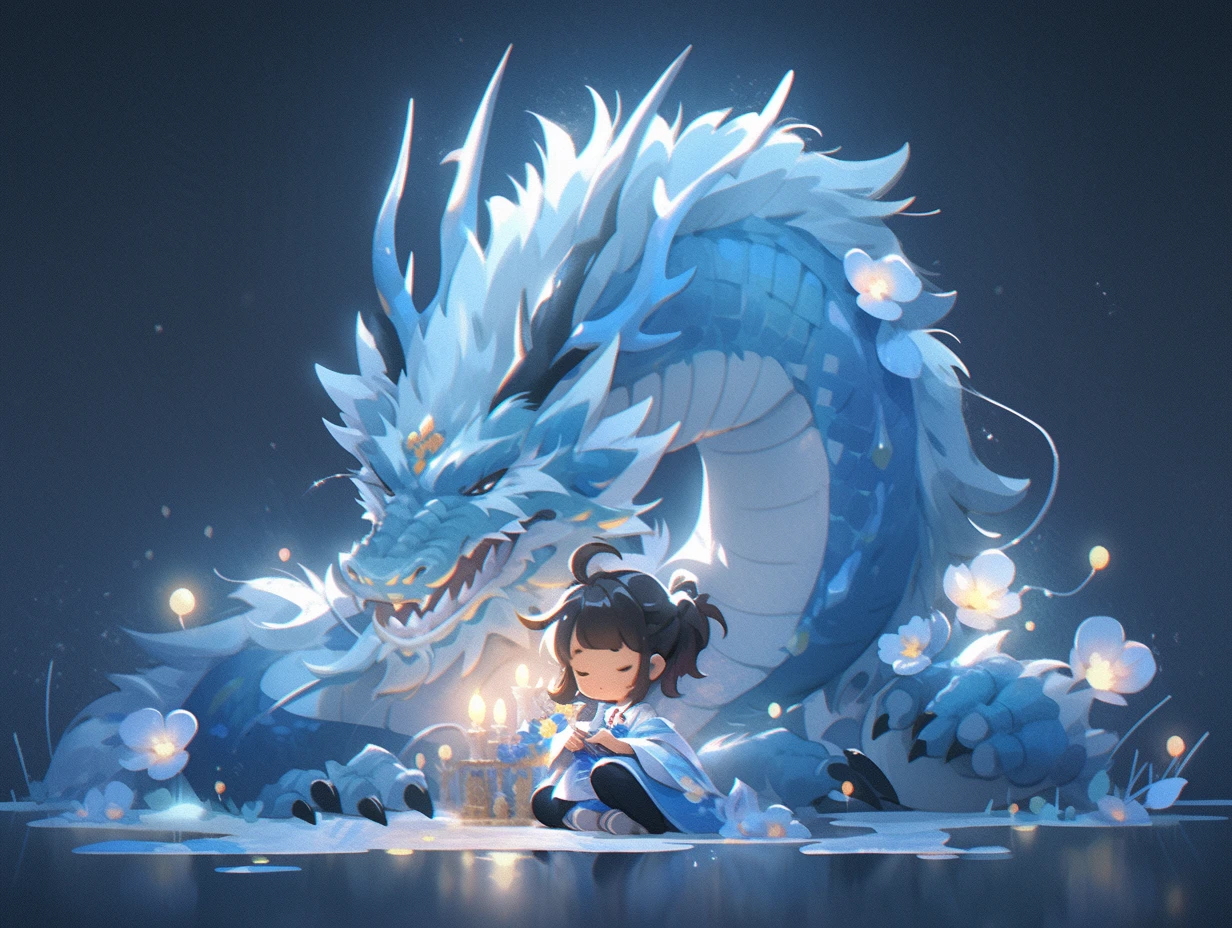 Chinese style, 3d Pixar character style, 3d, toys, tide play, ip, blind box, magic, whole body, cute girl, Hanfu, good smile, long hair, super clear, transparent material of one Chinese dragons, ice cube, drop reflected light, style prism + hibiscus, pure black background, particle, particle, blue light, Trend octane Render on art Workstation, 8K, HD, 3d, c4d, Blender --niji 5 --ar 4:3
