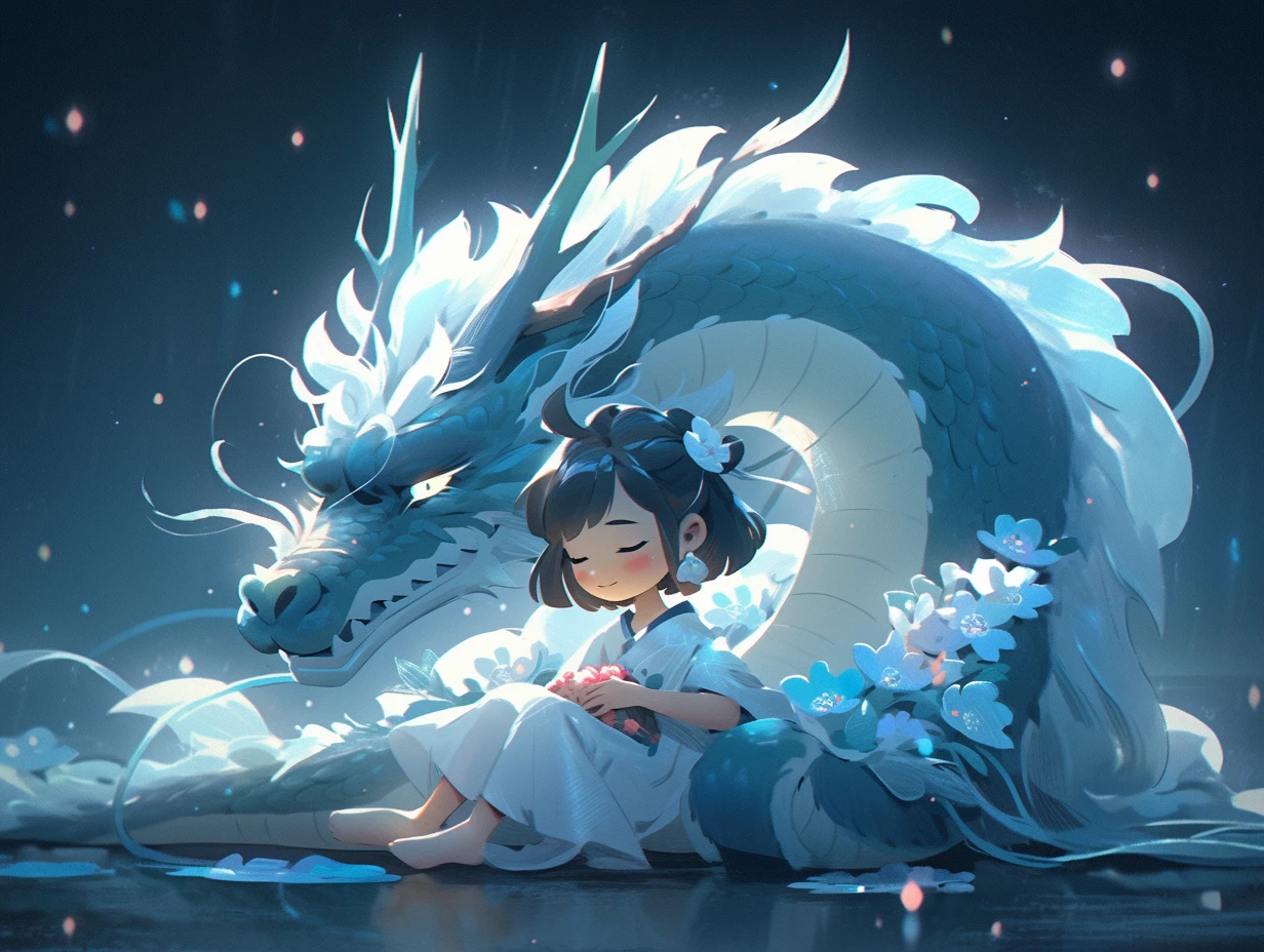 Chinese style, 3d Pixar character style, 3d, toys, tide play, ip, blind box, magic, whole body, cute girl, Hanfu, good smile, long hair, super clear, transparent material of one Chinese dragons, ice cube, drop reflected light, style prism + hibiscus, pure black background, particle, particle, blue light, Trend octane Render on art Workstation, 8K, HD, 3d, c4d, Blender --niji 5 --ar 4:3