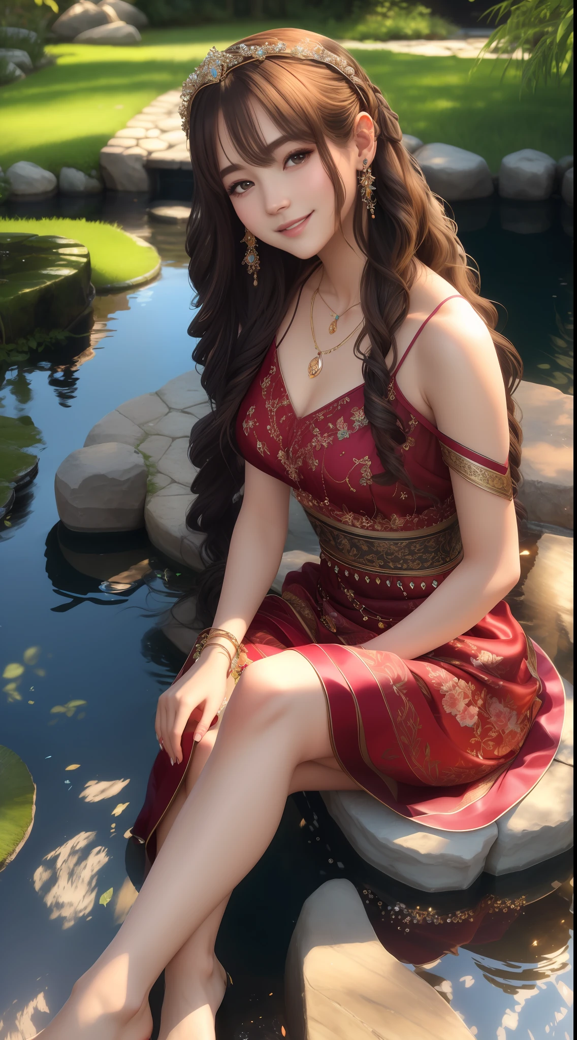 Best quality, masterpiece, high resolution, 1girl, transparent silk dress, beautiful face, hair accessories, sitting by the pond to wash your feet, one foot splashing, girl naughty smile, hair accessories, necklaces, jewelry, long hair, earrings, rounded feet, perfect toes, Tyndall effect, realism, dark studio, edge lighting, two-tone lighting, (high detail skin: 1.2), soft light, high quality, volumetric lighting, high resolution, 8k, background bokeh