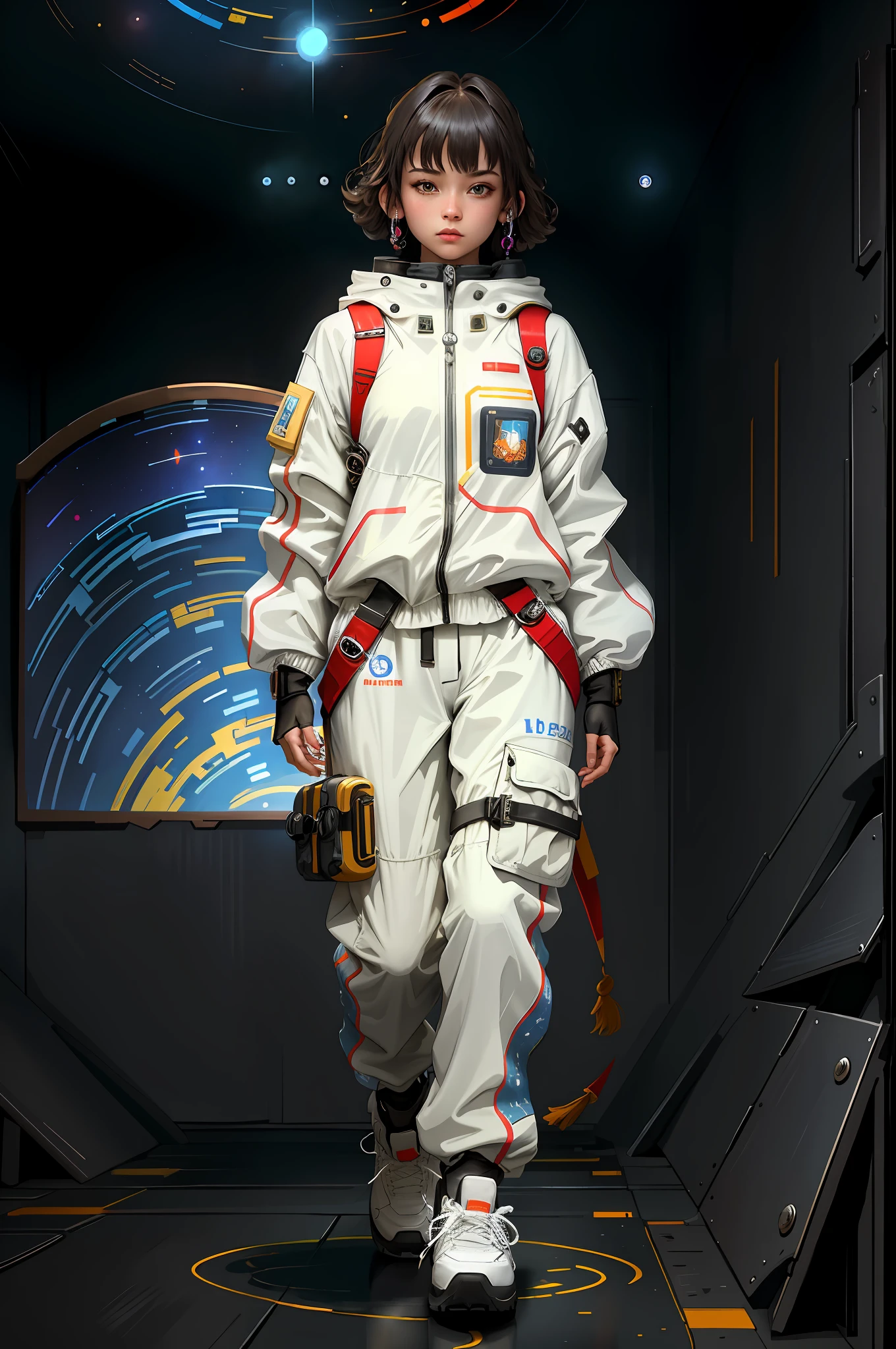 Wear a lightweight spacesuit, no helmet,absurdres,Ready Player One,(masterpiece:1.4), ultra-detailed, 1girl, stand up, space uniform,2023 fashion, cyberpunk streetwear
