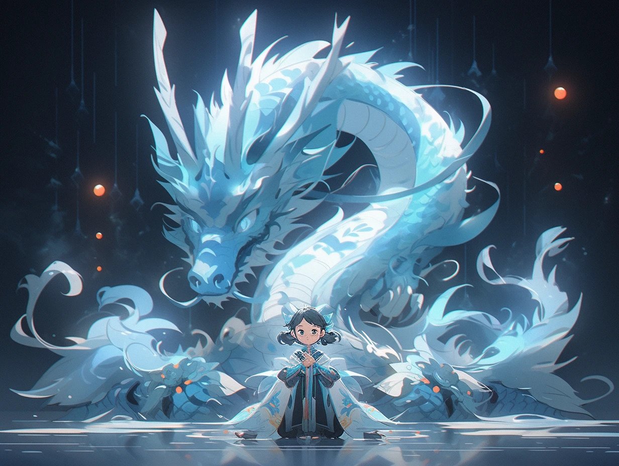 Chinese style, 3d Pixar character style, 3d, toys, tide play, ip, blind box, magic, whole body, cute girl, Hanfu, good smile, long hair, super clear, transparent material of three Chinese dragons, ice cube, drop reflected light, style prism + hibiscus, pure black background, particle, particle, blue light, Trend octane Render on art Workstation, 8K, HD, 3d, c4d, Blender --niji 5 --ar 4:3