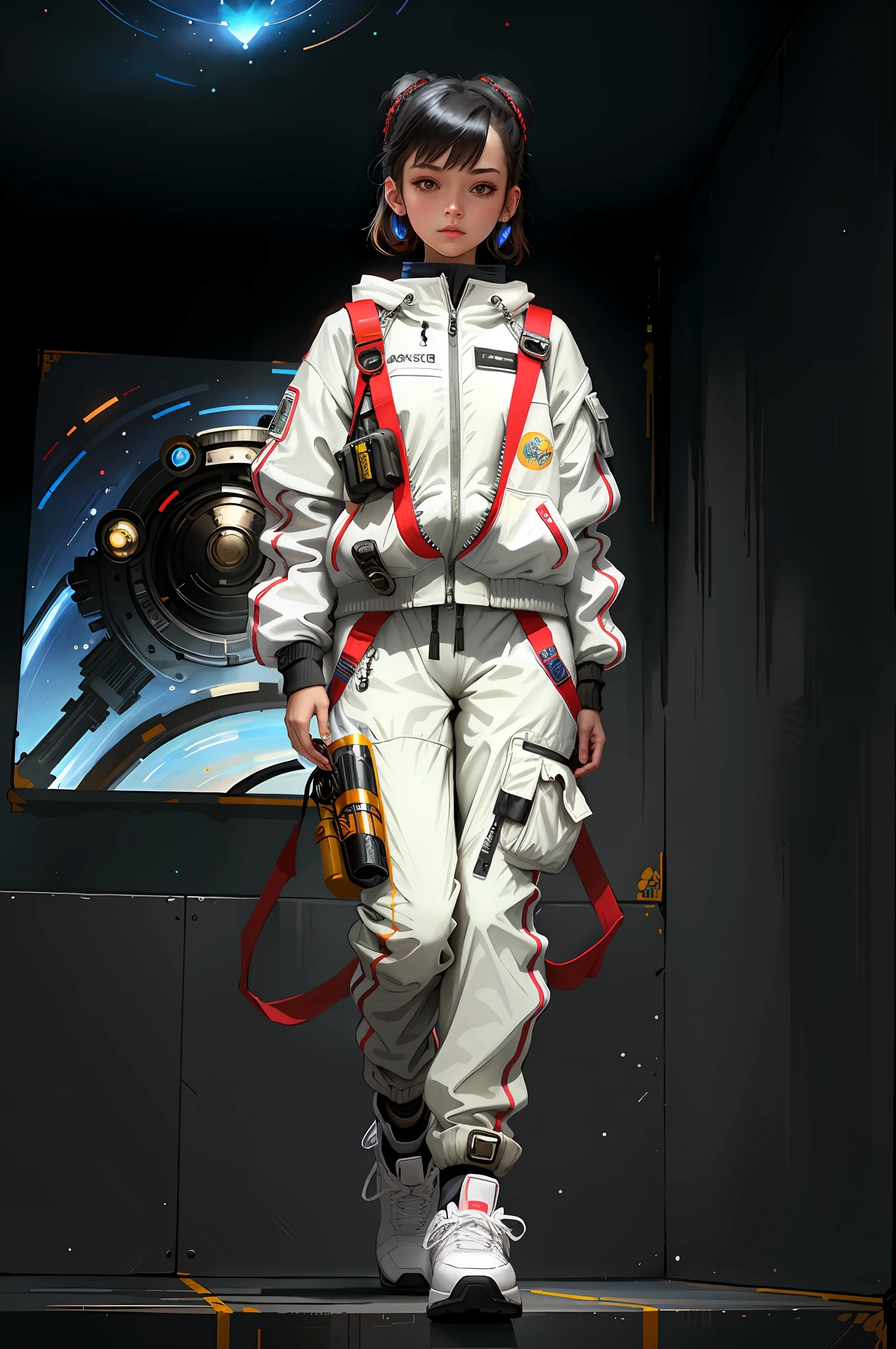 Wear a lightweight spacesuit, no helmet,absurdres,Ready Player One,(masterpiece:1.4), ultra-detailed, 1girl, stand up, space uniform,2023 fashion, cyberpunk streetwear