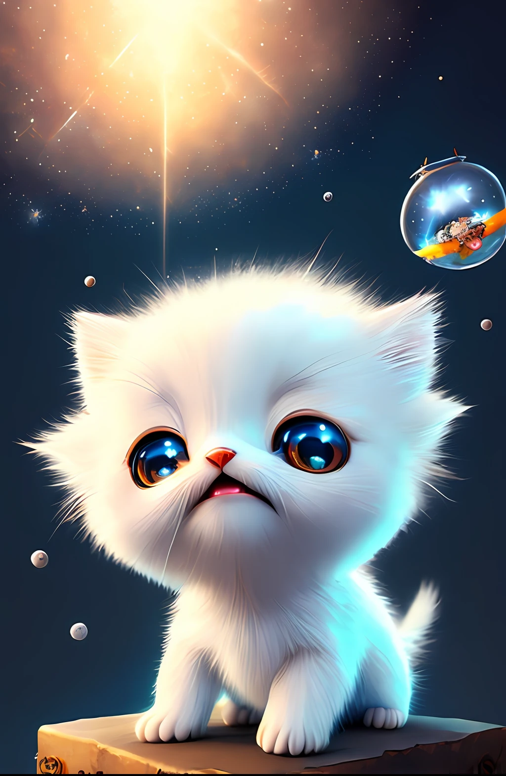 Pixar style, 3D, cute and cute white-haired kitten Superman, big eyes, laughter, excitement, floating in space, Jean-Baptiste Monge, anthropomorphic, dramatic lighting