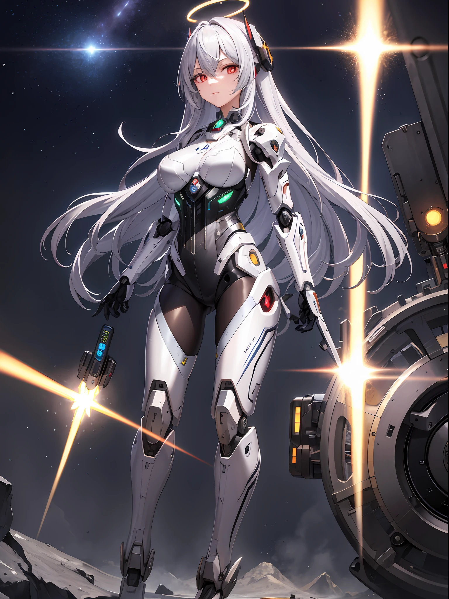 Masterpiece, best quality, super detailed, very detailed illustrations, very detailed, intricate details, high resolution, super complex details, very detailed 8k cg wallpaper, denim lens, caustics, reflections, ray tracing, demon theme, nebula, dark aura, network effects, (1girl:1.4), solo, alone, mecha musume, mechanical parts, robot joints, single mechanical arm, headgear, mechanical halo, star halo, electric mechanical bodysuit, mecha corset, kimono, full armor, very long hair, white hair, hair between the eyes, multicolored hair, colored inner hair, red eyes, glowing eyes, eye tracks, random expressions, random actions, cyberpunk, starry sky, skyline,