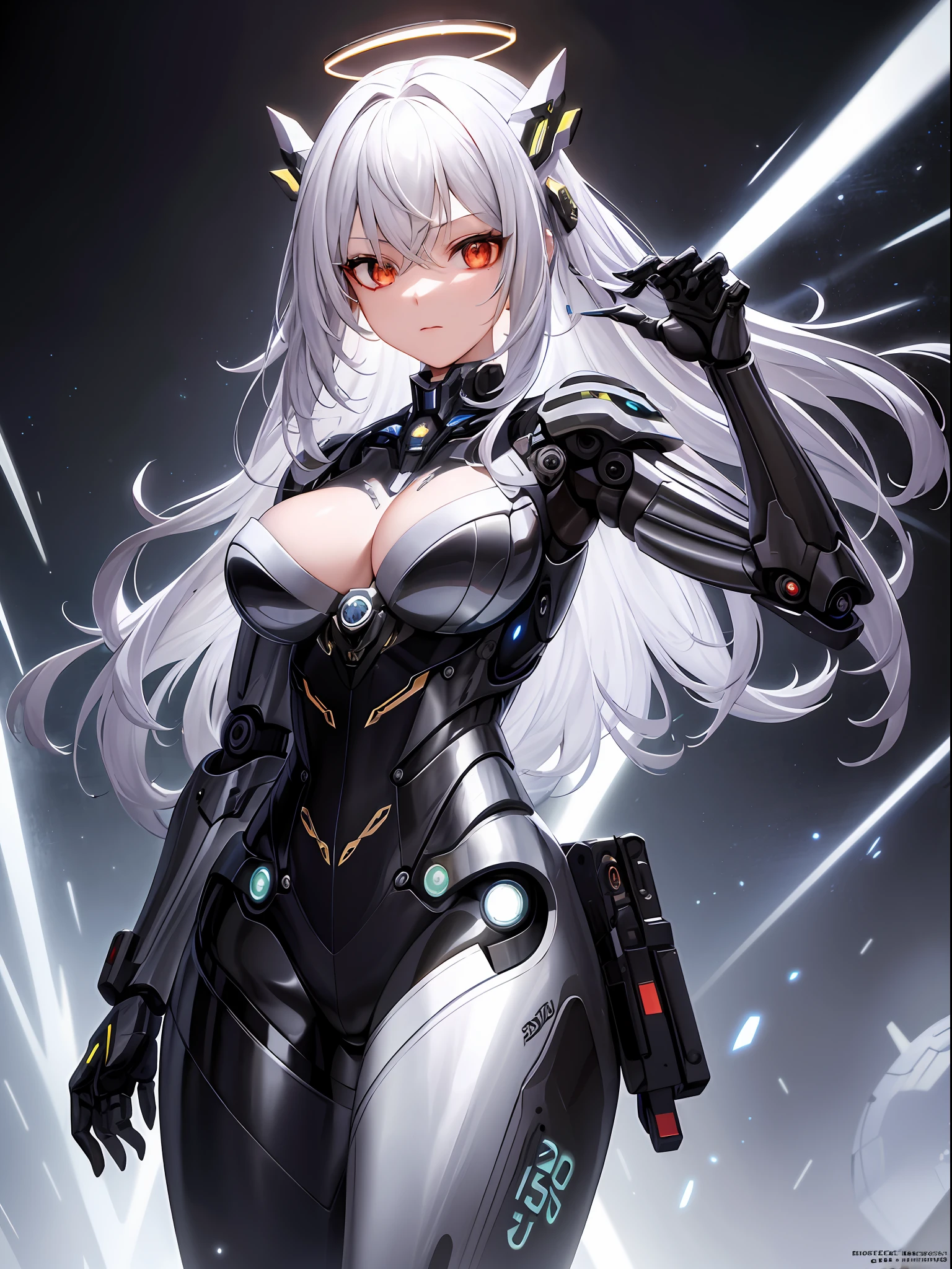 Masterpiece, best quality, super detailed, very detailed illustrations, very detailed, intricate details, high resolution, super complex details, very detailed 8k cg wallpaper, denim lens, caustics, reflections, ray tracing, demon theme, nebula, dark aura, network effects, (1girl:1.4), solo, alone, mecha musume, mechanical parts, robot joints, single mechanical arm, headgear, mechanical halo, star halo, electric mechanical bodysuit, mecha corset, kimono, full armor, very long hair, white hair, hair between the eyes, multicolored hair, colored inner hair, red eyes, glowing eyes, eye tracks, random expressions, random actions, cyberpunk, starry sky, skyline,