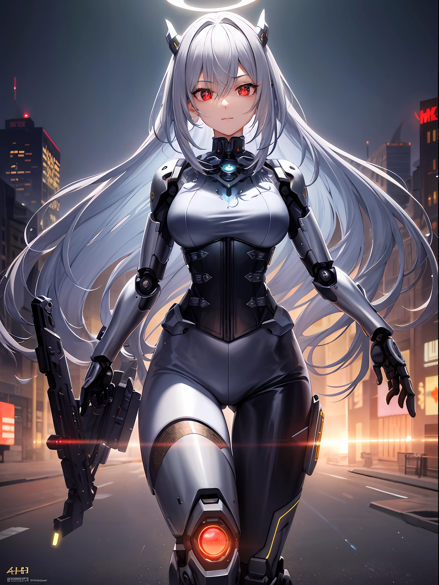 Masterpiece, best quality, super detailed, very detailed illustrations, very detailed, intricate details, high resolution, super complex details, very detailed 8k cg wallpaper, denim lens, caustics, reflections, ray tracing, demon theme, nebula, dark aura, network effects, (1girl:1.4), solo, alone, mecha musume, mechanical parts, robot joints, single mechanical arm, headgear, mechanical halo, star halo, electric mechanical bodysuit, mecha corset, kimono, full armor, very long hair, white hair, hair between the eyes, multicolored hair, colored inner hair, red eyes, glowing eyes, eye tracks, random expressions, random actions, cyberpunk, starry sky, skyline,