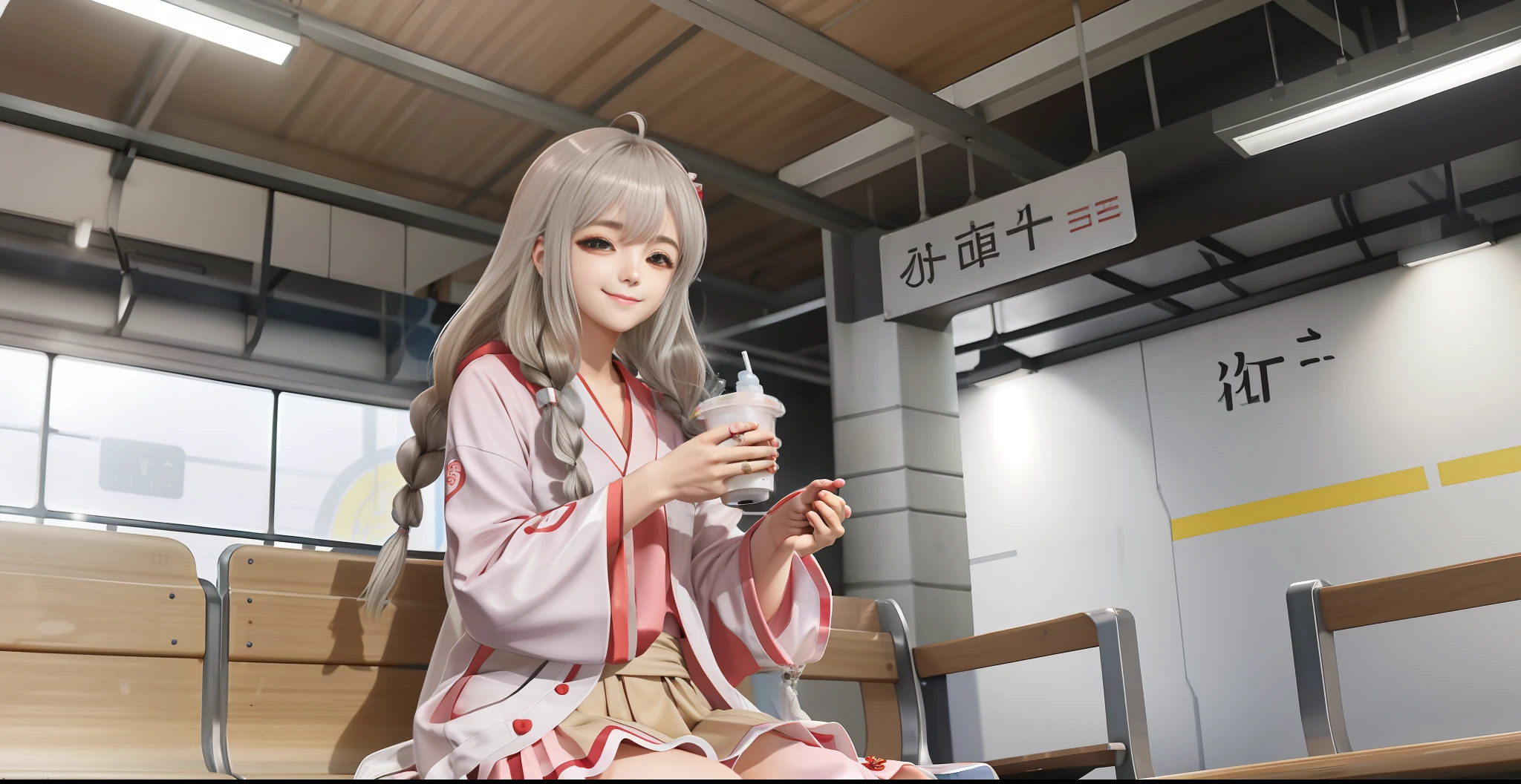 1girl, sitting at the station, Tokyo, subway station, white hanfu, silver hair, twisted braids, cute smile, holding a water cup in both hands 1.5, Shinkai Makoto style, animation lighting,--v 5