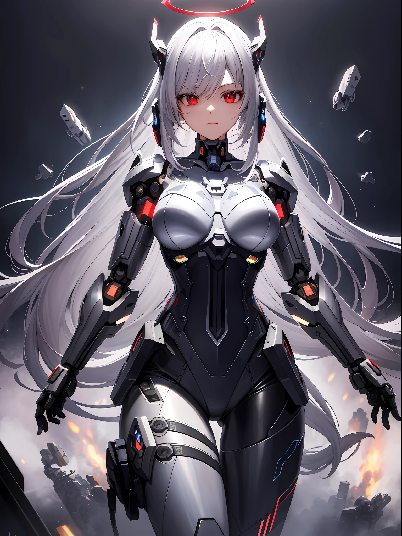 Masterpiece, best quality, super detailed, very detailed illustrations, very detailed, intricate details, high resolution, super complex details, very detailed 8k cg wallpaper, denim lens, caustics, reflections, ray tracing, demon theme, nebula, dark aura, network effects, (1girl:1.4), solo, alone, mecha musume, mechanical parts, robot joints, single mechanical arm, headgear, mechanical halo, star halo, electric mechanical bodysuit, mecha corset, kimono, full armor, very long hair, white hair, hair between the eyes, multicolored hair, colored inner hair, red eyes, glowing eyes, eye tracks, random expressions, random actions, cyberpunk,