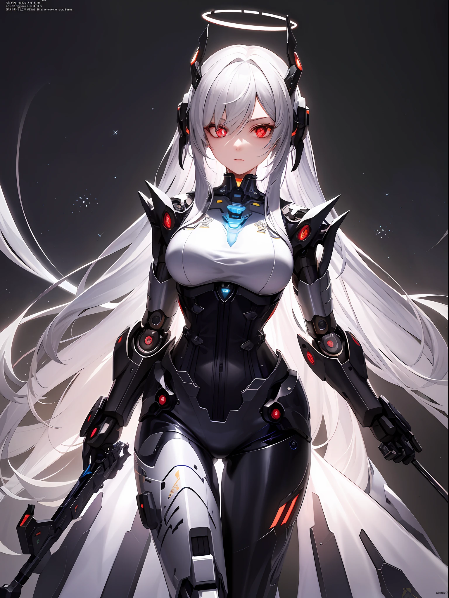 Masterpiece, best quality, super detailed, very detailed illustrations, very detailed, intricate details, high resolution, super complex details, very detailed 8k cg wallpaper, denim lens, caustics, reflections, ray tracing, demon theme, nebula, dark aura, network effects, (1girl:1.4), solo, alone, mecha musume, mechanical parts, robot joints, single mechanical arm, headgear, mechanical halo, star halo, electric mechanical bodysuit, mecha corset, kimono, full armor, very long hair, white hair, hair between the eyes, multicolored hair, colored inner hair, red eyes, glowing eyes, eye tracks, random expressions, random actions, cyberpunk,